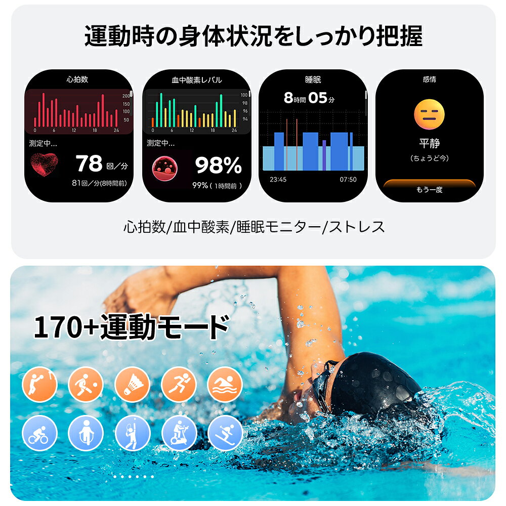 ★SS激安93%オフ→1150円★スマートウォッチ ChatGPT搭載 通話録音機能付 2.01インチ大画面 170種スポーツモード 健康管理 温変動検知 血中酸素度 心拍数 5ATM防水 長時間待機 着信通知 GPS運動記録 腕時計 AIアシスタント AIデータ解析 - Image 3