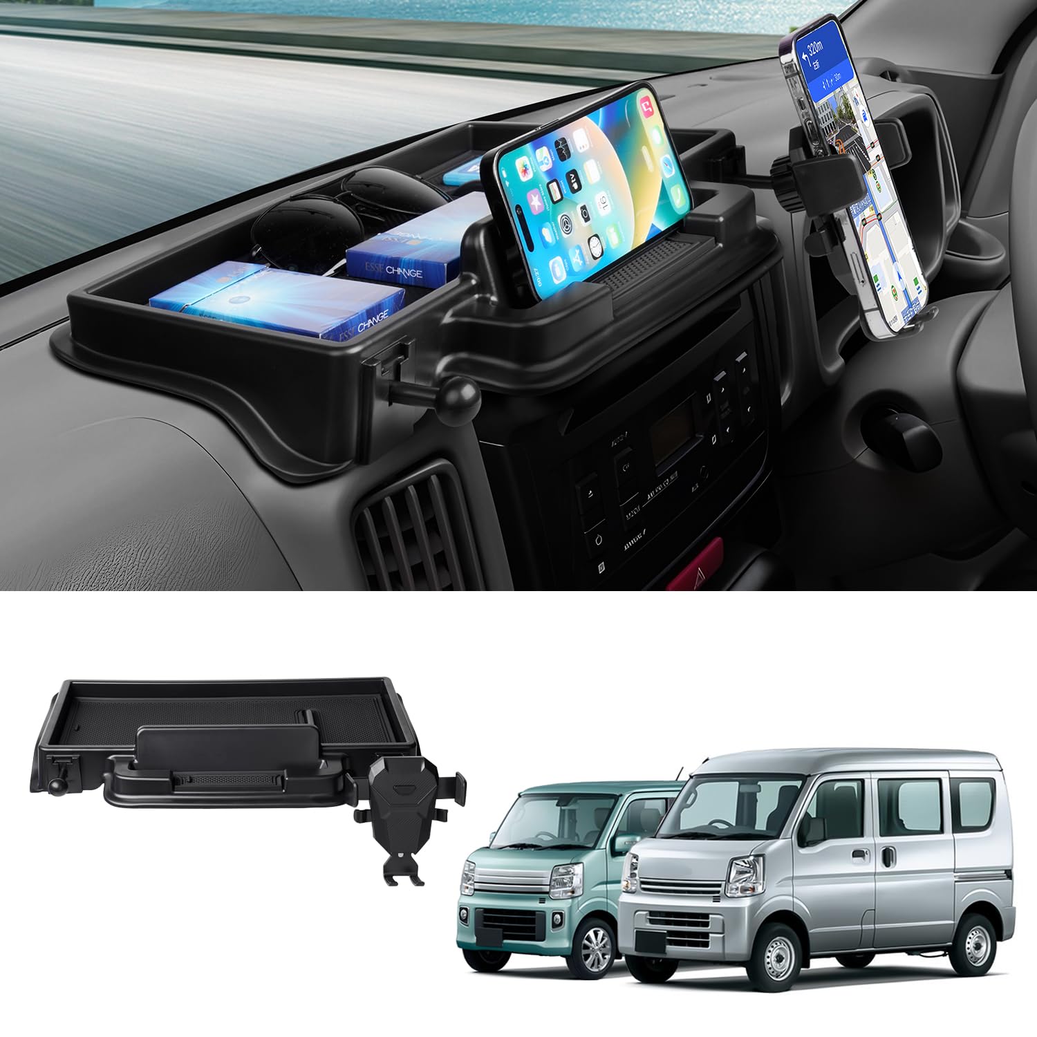 スズキ エブリイワゴン に適合 ダッシュボードトレイ DA17W DA17V 車内収納ボックス 3Dトレイ カー用品 携帯ホルダー スマホホルダー付き 360度回転 小物入れ 車種用設計 内装 パーツ 滑り止めラバーマット付き 収納アクセサリー 装着簡単 多機能 車内空間活用 メ