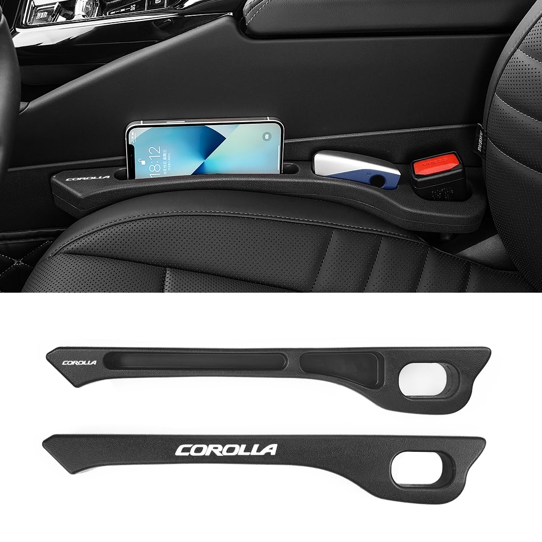 Rakuten - 【カローラ 用】隙間クッション 厚型 COROLLA 用ロゴ 隙間埋め 車用 シートサイド クッション カローラ X G W グレード適用 正裏面取付可 シート コンソール 隙間収納 落下防止 小物入れ 内装パーツ 運転席+助手席 ロゴ左右対称設計 2本入り (ブラック カローラ 用)