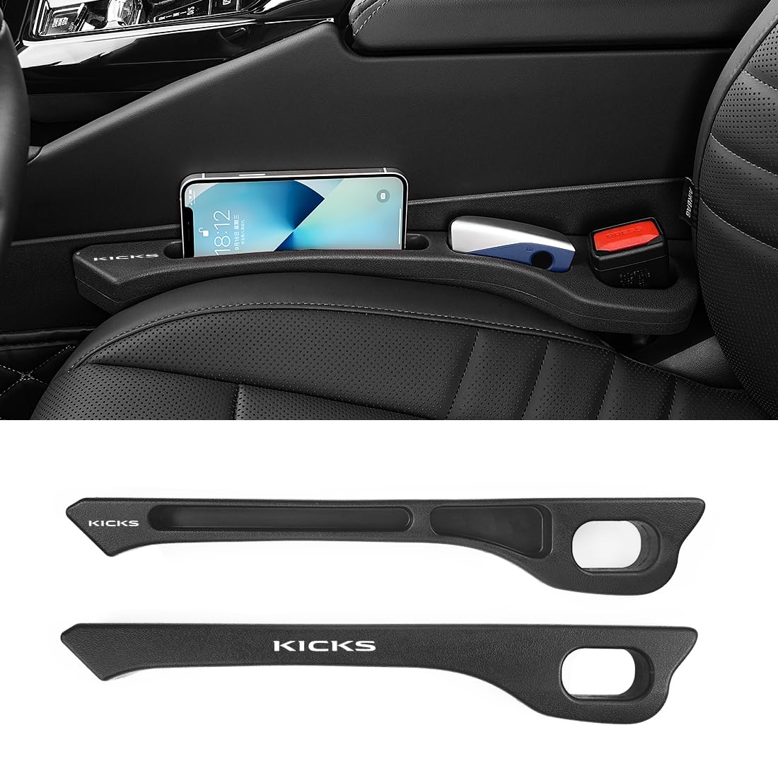キックス 用 隙間クッション 厚型 KICKS 隙間埋め 車用 シートサイド クッション キックス P15系 59系 X AUTECH X FOUR 適用 正裏面取付可 シート コンソール 隙間収納 落下防止 小物入れ 内装パーツ 運転席+助手席 ロゴ左右対称設計 2本入り (ブラック キックス 用)
