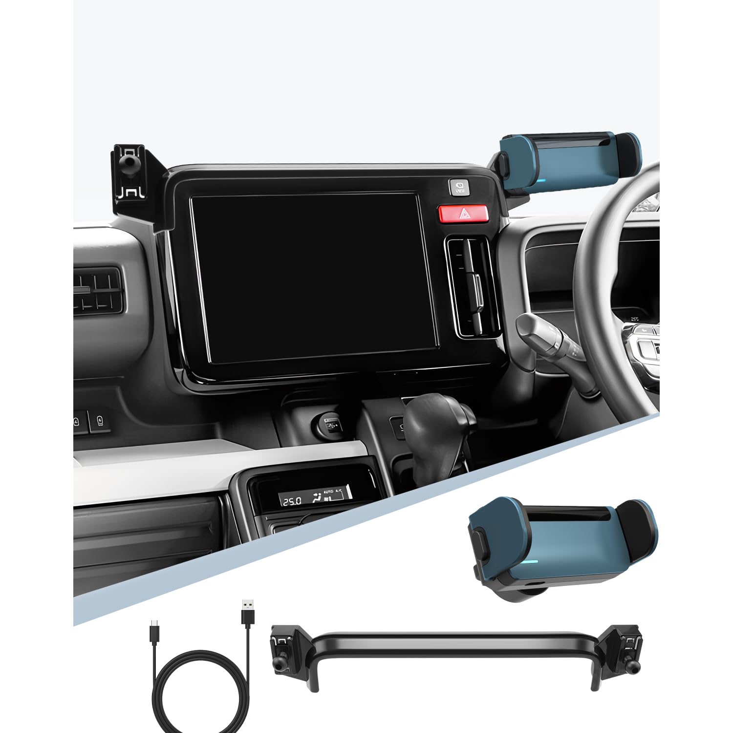 スズキ 新型 スペーシア スペーシアカスタムMK54S MK94S 三代目 スマホホルダー [純正 9インチHDディスプレイ搭載車用] 自動開閉 車 携帯ホルダー 360度回転 片手操作 安定 騒音なし スマートロック 小型 多機種対応