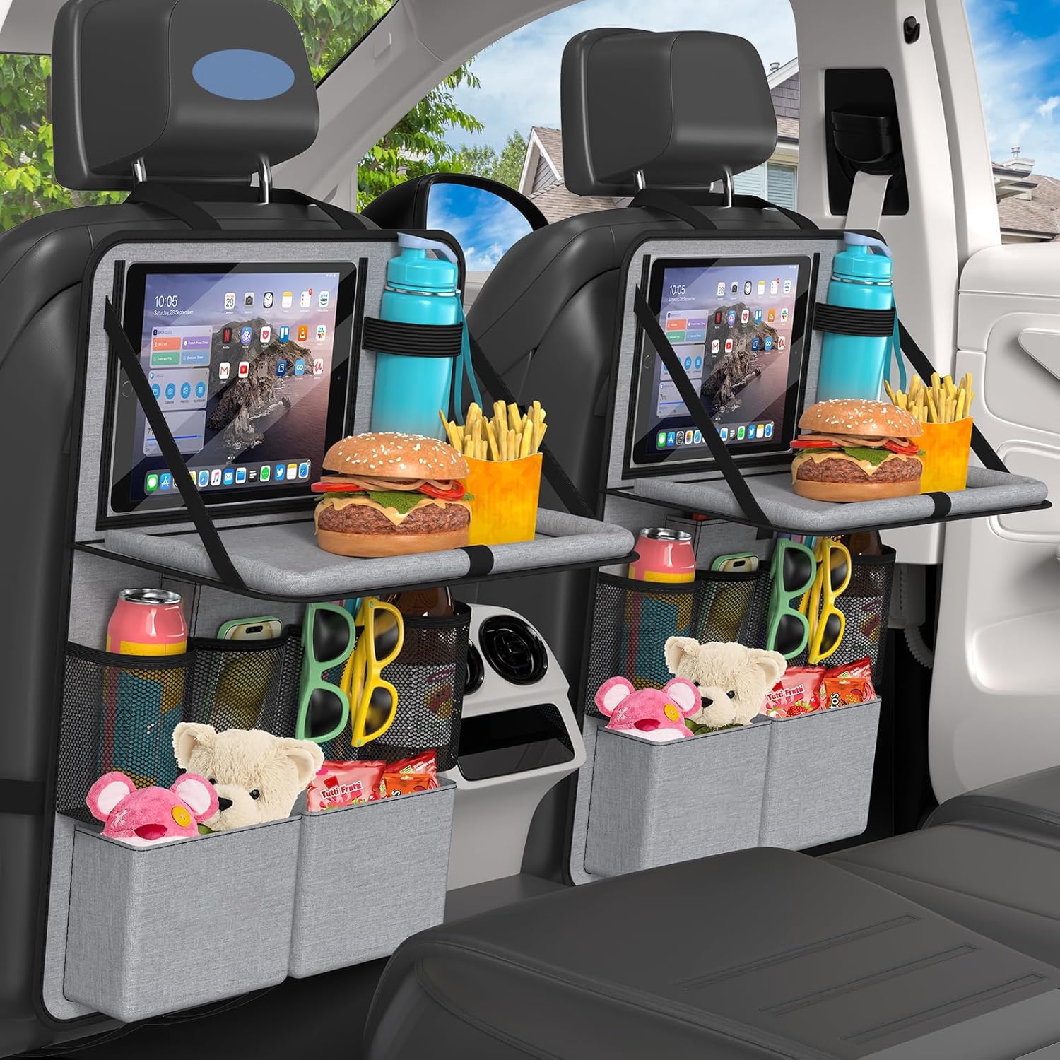 Rakuten - 車 シートバックポケット 車用収納ボックス 防水 後部座席 収納 展開可能な小テーブル タブレットホルダー付き 汚れ防止 (グレー 2本セット)