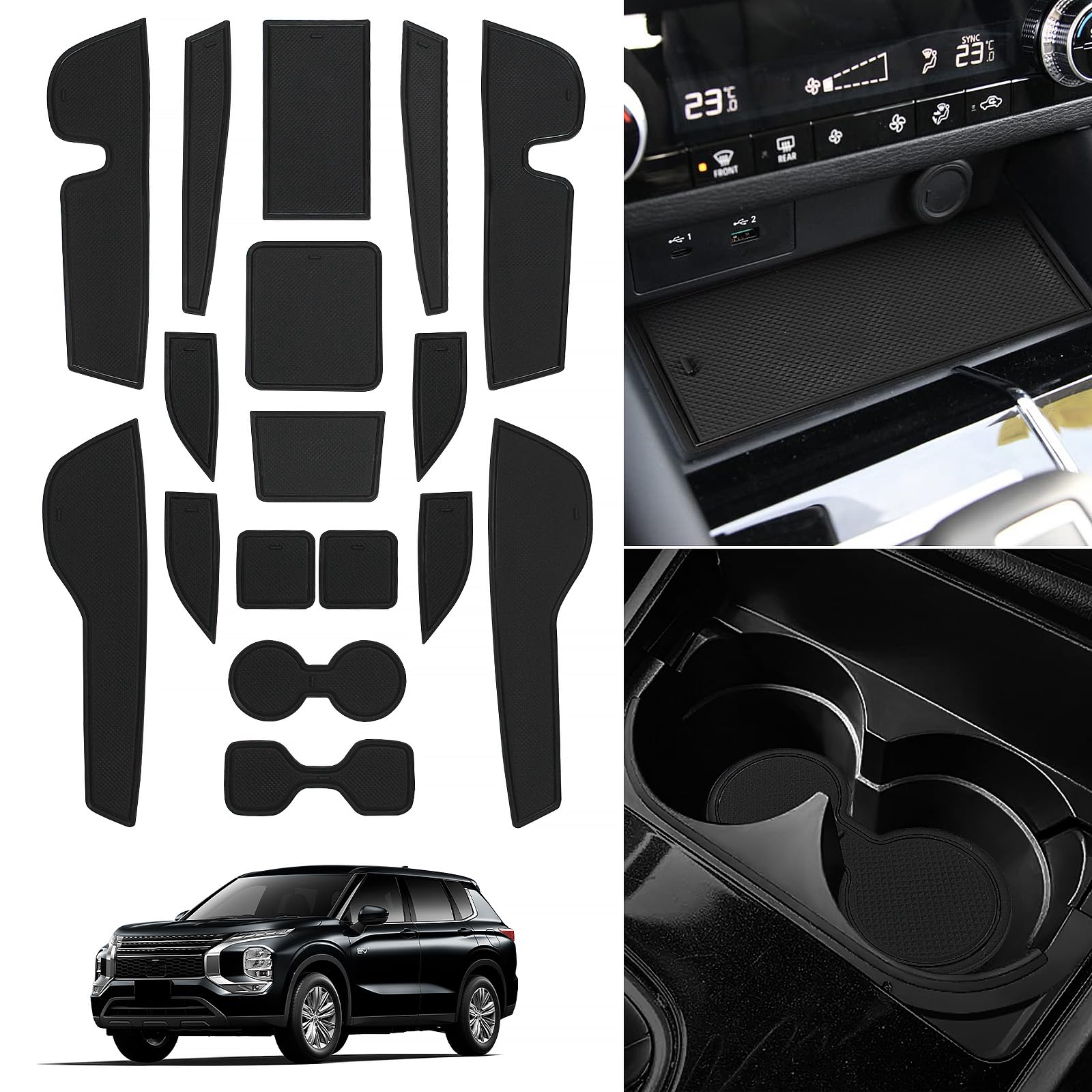 乐天商城 - 新型 三菱 アウトランダー phev gn0w ラバーマット 用設計 アウトランダー phev gn0w インテリアラバーマット ドアポケットマット コンソールマット 騒音防止 滑り止め キズ防止 簡単取付 カスタムパーツ アクセサリー 17枚 (ブラック)