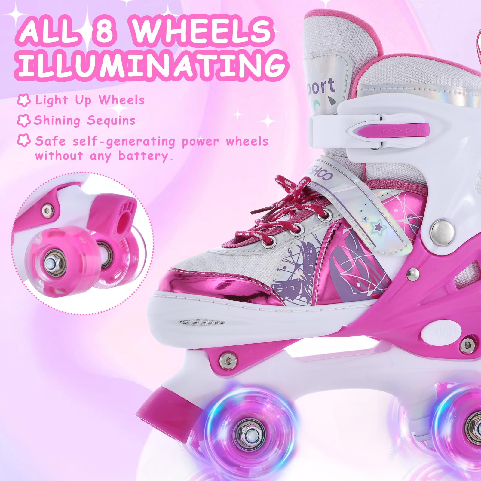 女の子用調節可能なライトアップローラースケート、ピンク L 230-245mmパープル ブルー スケート 子供 幼児用、初心者用ローラースケート 屋内 屋外 3