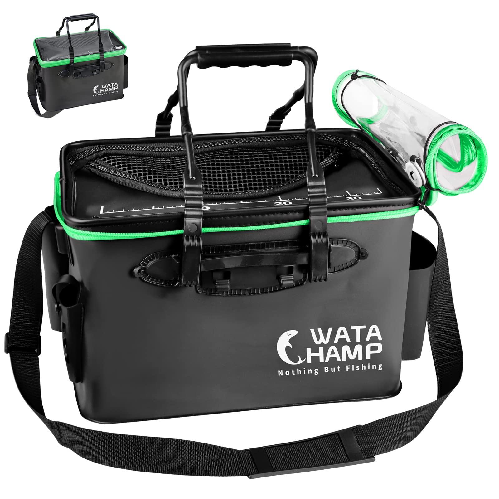 Rakuten - 2重フタ設計 生かしバッカン 釣りバッカン 折りたたみバケツ メッシュカバー ホルダー付き EVA 40cm 防災備蓄品 透明な上蓋 ソフトな持ち手 持ち運び便利 多機能