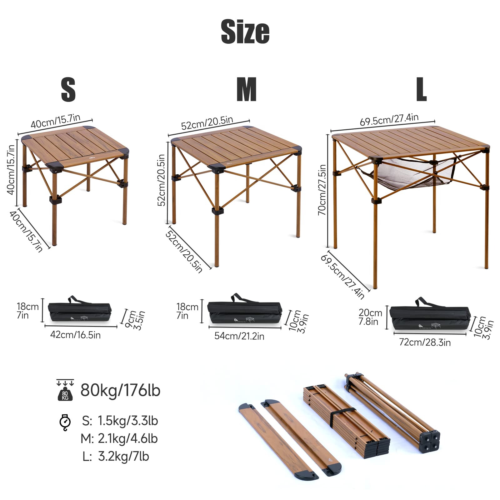 アウトドアテーブル/机 キャンプテーブル/机 ★安定 アルミ製 ロールテーブル 折りたたみ コンパクト 軽量 耐荷重80kg 耐熱 防酸化処理 つや消し 収納袋付き [サイズ S/M/L] (M-52X52X50cm)