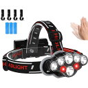 【超強力 8LED】ヘッドライト led 軍用 最強 明るい 電池式 防水 Type-C タイプC 充電式【COB 赤 白色光/超高輝度 ルーメン/手振りセンサー機能付き/テールランプ/長時間 大容量 9000mAh 電池】 登山 用 軽量 ヘッドランプ usb 充電 ヘルメット用 頭につけるライト 8つの照明