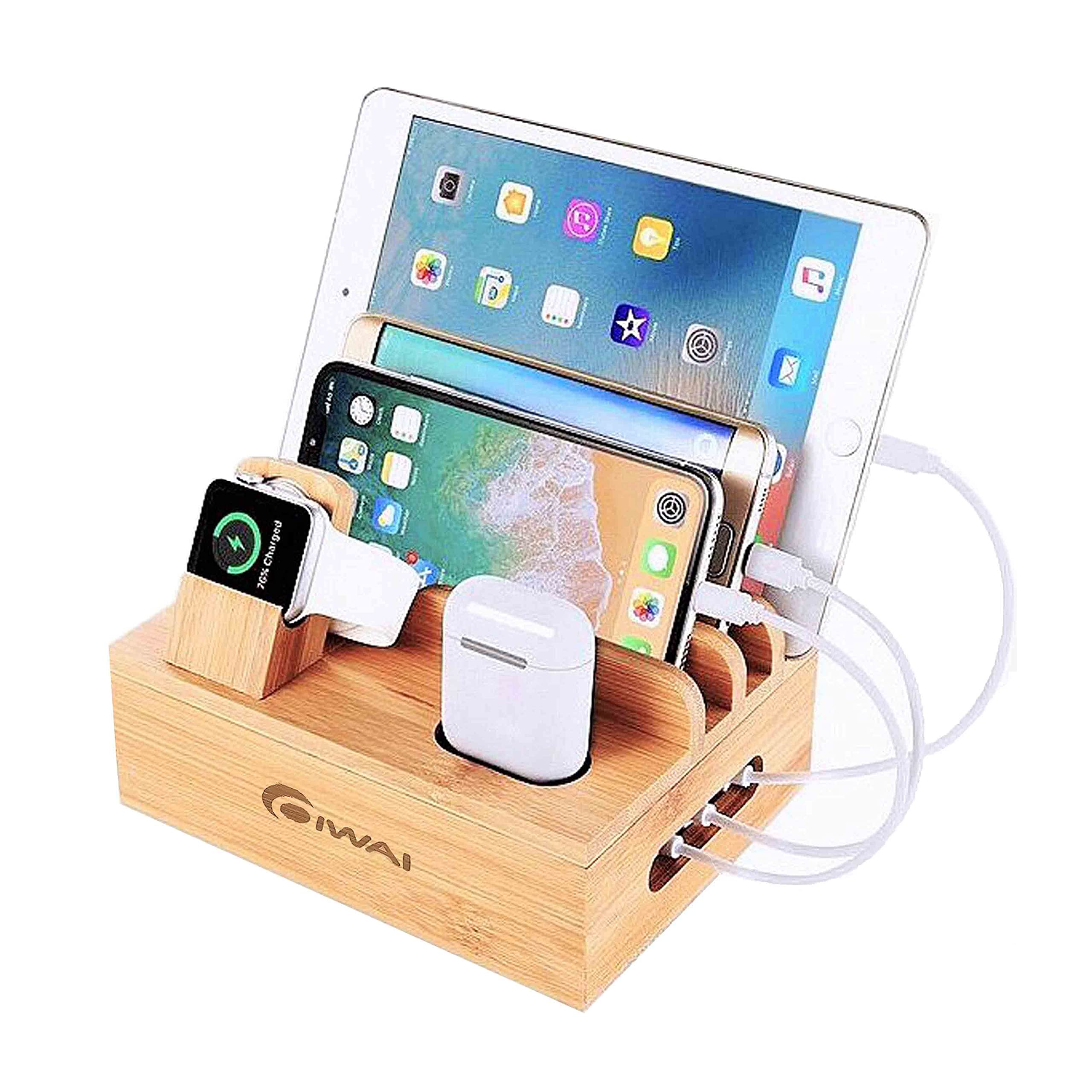 充電ステーション 充電スタンド 7台同時充電 ケーブル収納ボックス スマホ充電台 モバイル機器をスッキリ収納 iPhone/iPad/Galaxy/Android各種適合 (竹木製)
