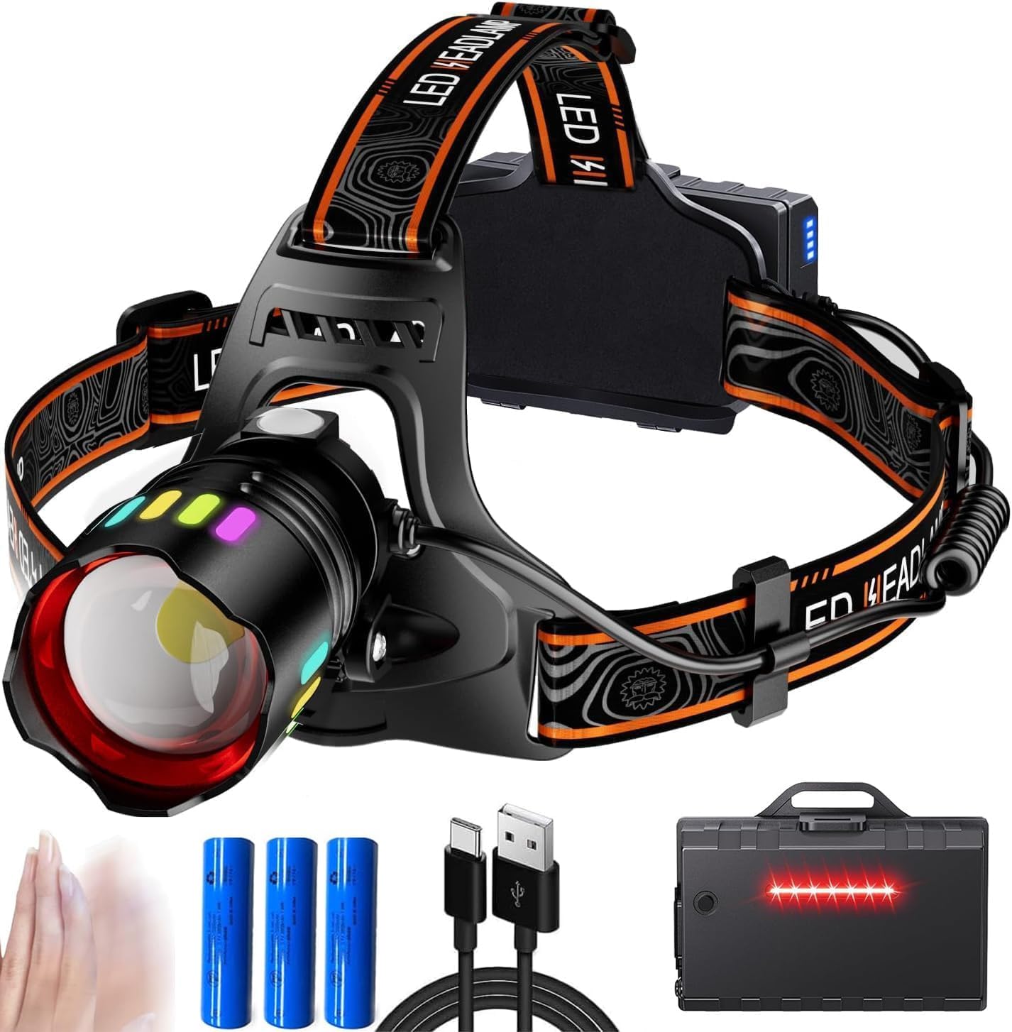 【独占デザインカラー発光ヘッドライト】 2025年の最新の夜光バーヘッドランプは、ヘッドランプにより明るい色を追加し、夜の視覚効果を豊かにする12のアップグレードされたカラー夜光バーデザインを搭載しています。頭部には透光処理が追加され、頭部を伸ばした後、夜光条は1秒で強い光を吸収し、すぐにカラー夜光を透出することができるようになった。ヘッドライトをオフにしても、ナイトライトストリップは夜間または暗い環境でカラーナイト光を放出し、明確な視覚的な標識を提供し、方向を案内します。壁の隅、机の底、芝生など目立たない隅に置いても、夜光を利用してすぐに見つけることができ、紛失を防ぐことができます。また、ヘッドライトのランプカップには夜光ガスケットが配置されており、夜間に照明を消した後、赤色の夜光を投影することができる。【高品質PG9095ランプビーズ+5モード+テール警示ランプ】 高品質の新しくアップグレードされたPG9095ランプビーズ、輝度性能が最大50%増加し、夜を明るく照らします。放熱性能が30%増加し、放熱速度が速く、長寿命です。5つの照明モード（高輝度-中輝度-低輝度-ストローボ-SOS）を搭載しているので、周囲のニーズに応じて適切な照明モードを自由に切り替えることができます。独立警告灯スイッチは、赤光り-赤光り点滅など2種類の警告灯モードを簡単に切り替え、実際の必要に応じて警告灯モードを随時オン/オフすることができる。警告灯を使用する必要がない場合は、電源をオフにすることで、不要な電力消費を回避し、航続時間を50%向上させることができます。【誘導モード+120 °角度調整+伸縮ズーム機能】 赤外線スマートセンサーを内蔵しており、電源スイッチを3秒間押してセンサーモードに入り、ヘッドライトの前（10cmの距離内）で手を振るとオン/オフになります。釣りや車の修理をしているときは、ヘッドライトに手で触れる必要はありません，手を振ると操作が簡単です。ヘッドライトの角度を上下に調整することで120°の角度調整が可能で、使用環境に応じて適切な照射角度と範囲を調整でき、死角を回避できます。ヘッドランプには伸縮ズーム機能があり、ランプボディを前方または後方に引っ張ることで広範囲照明と超長距離照明が可能です。【Type-C充電式+電源インジケータ+18650バッテリー】高速で安定したType-Cインテリジェント急速充電を採用し、充電速度は効果的に30%に増加し、充電はより効率的で、さまざまな充電機器と互換性があります。4つの電池残量表示器が付属しており、それぞれ25%、50%、75%、100%の電力を表示し、リアルタイムで電力残量を表示する。大容量18650バッテリーを搭載し、バッテリー寿命を大幅に向上させます。使用中に重いと感じる場合は、バッテリーを1つまたは2つ取り外して重量を軽減することもできますが、この動作はヘッドライトの明るさに影響しません。【高品質+信頼できるアフターサービス】ヘッドランプ本体は高品質のアルミニウム合金材料を使用し、ランプ本体表面は硬質陽極酸化処理されており、優れた耐食性と耐摩耗性を有しています。内部は頑丈な構造を採用し、耐衝撃高さは3mに達し、本体を損傷しないように効果的に保護する。ヘッドバンドの材質を全面的にアップグレードし、ヘッドバンドの背面に糸を引く処理を採用し、弾力性がより強い、通気性が高く、夏でも汗を流しても蒸し暑くはありません。IPX6防水規格は、豪雨や大雪などの極端な天候に耐えることができます（注意：水中に浸さないでください）。この製品は1年間の保証とカスタマーサポートサービスを有る。製品に何か問題があったら、私達に連絡してください（＊アマゾンホームページ&gt。注文履歴&gt。セラーに連絡）最適な解決策を得るため、私達は24時間以内に返信する。