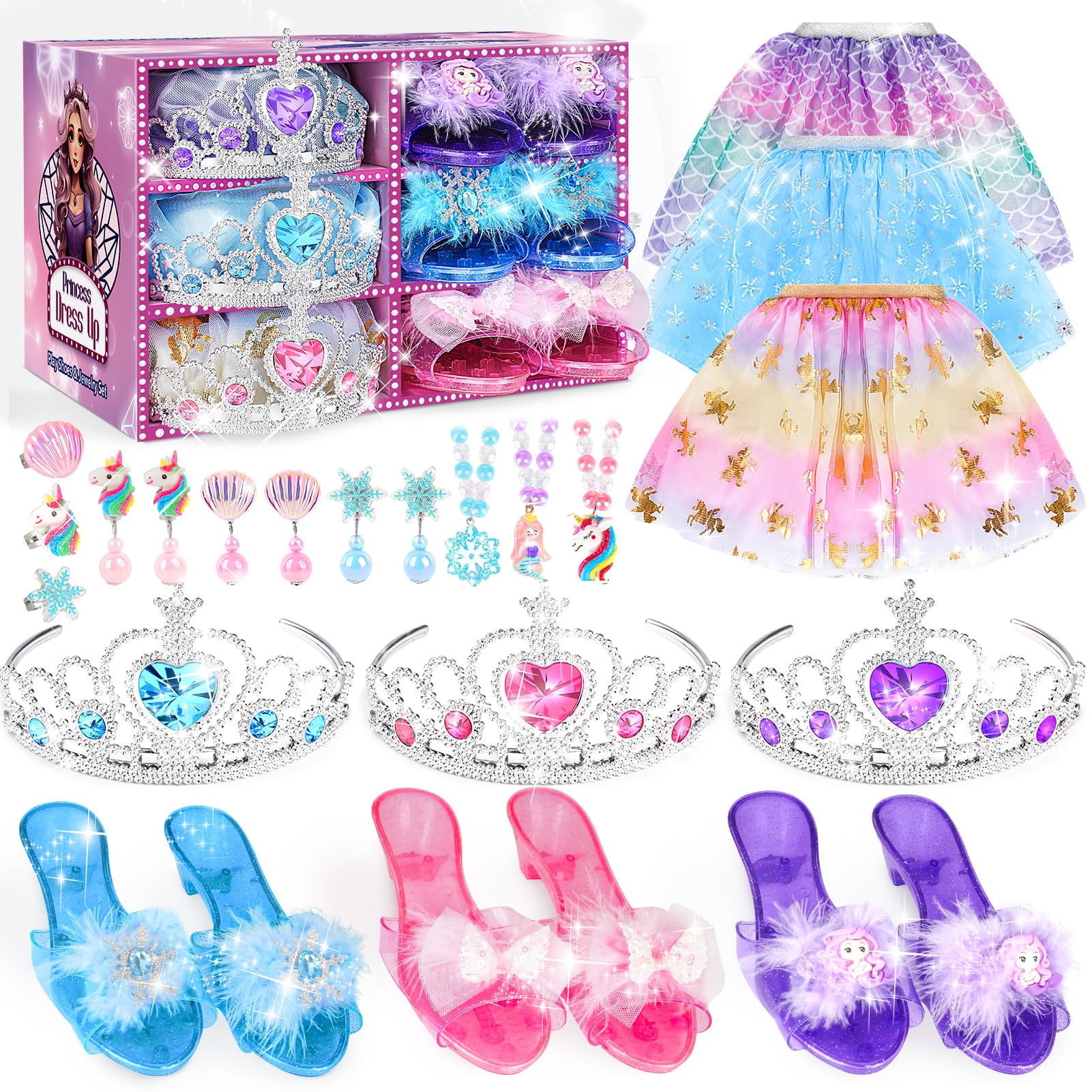 [] プリンセス ドレス 子供 3セット 女の子 おもちゃ スカート、ネックレス、イヤリング、指輪、ハイヒール女の子 プレゼント 3 4 5 6 歳女の子誕生日プレゼント クリスマスプレゼント 女子 おしゃれ 誕生 日 プレゼント