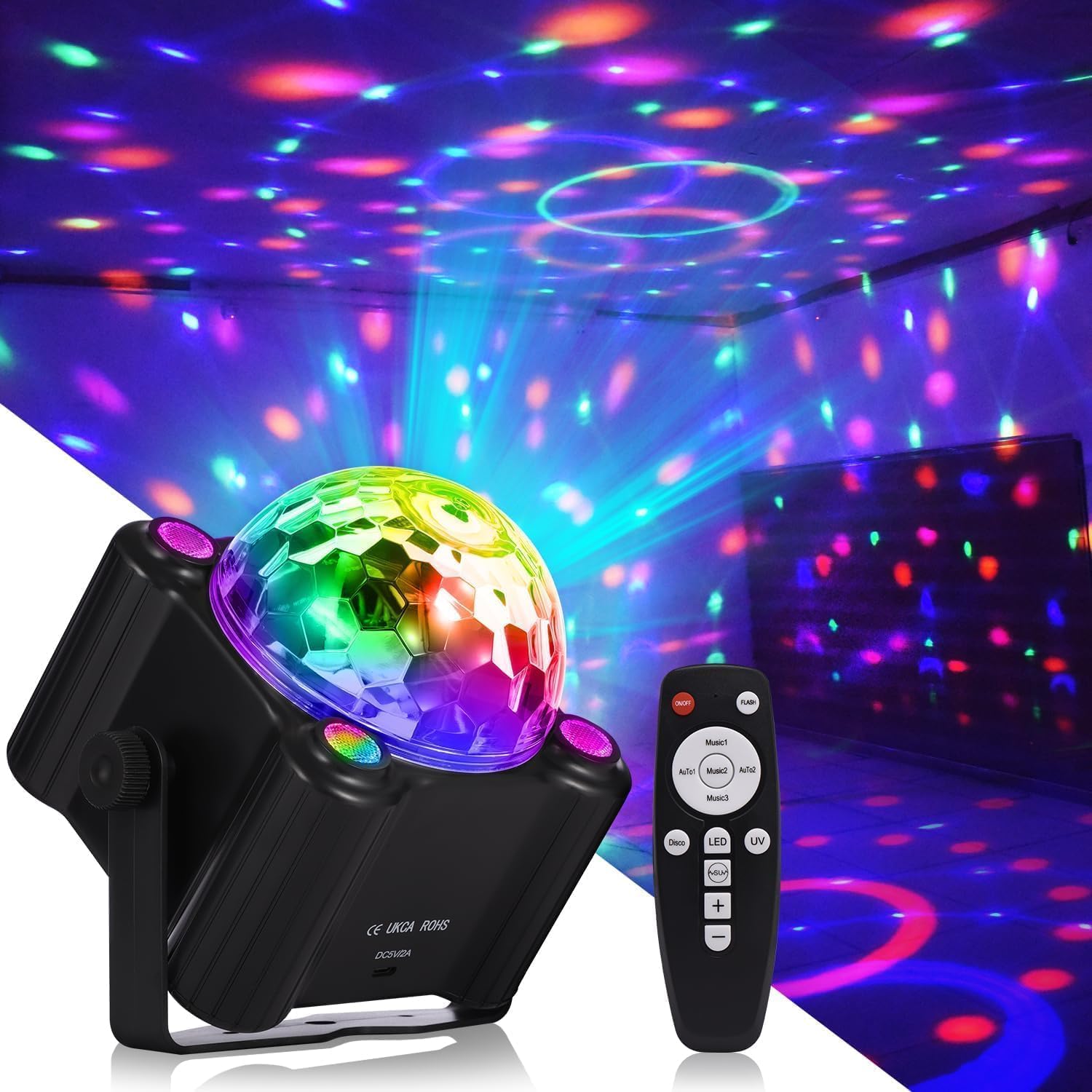 ミラーボール 音声起動 ディスコライト パーティーライト、UVライト ステージライト RGB多色変化 舞台照明 ダンスパーティー用 誕生日 カラオケ クリスマス ウェディング ショー クラブ 装飾