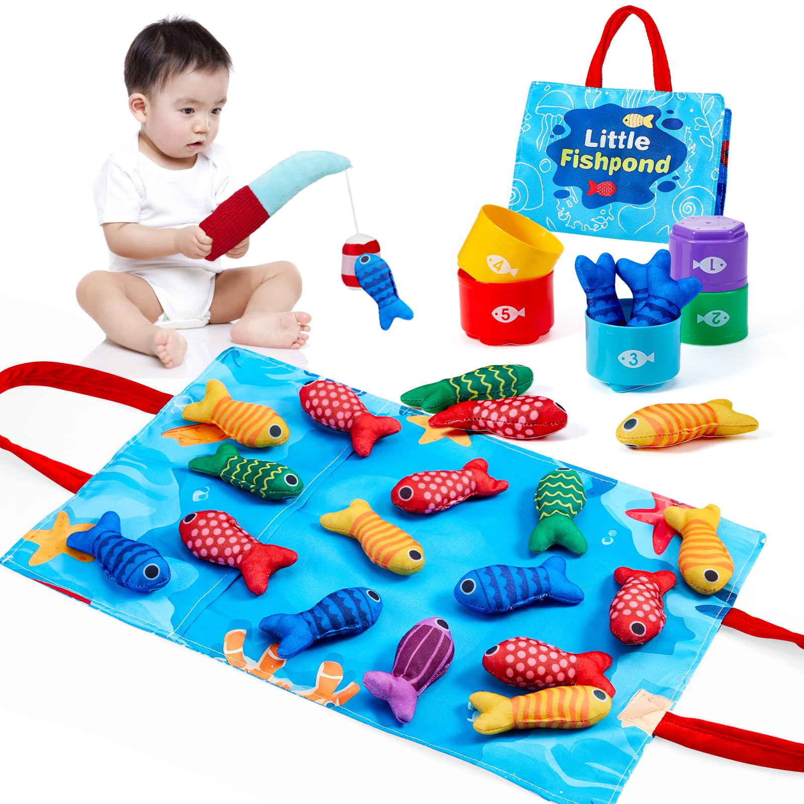 Accessories - モンテッソーリ式知育玩具 22点布製釣りゲームセット＋積み重ねカップ付き 1?2?3歳向け 男女共用 多機能型合わせ＆指先訓練 赤ちゃんの早期開発に最適 色と形認識を促進 誕生日?子供の日プレゼントに最適