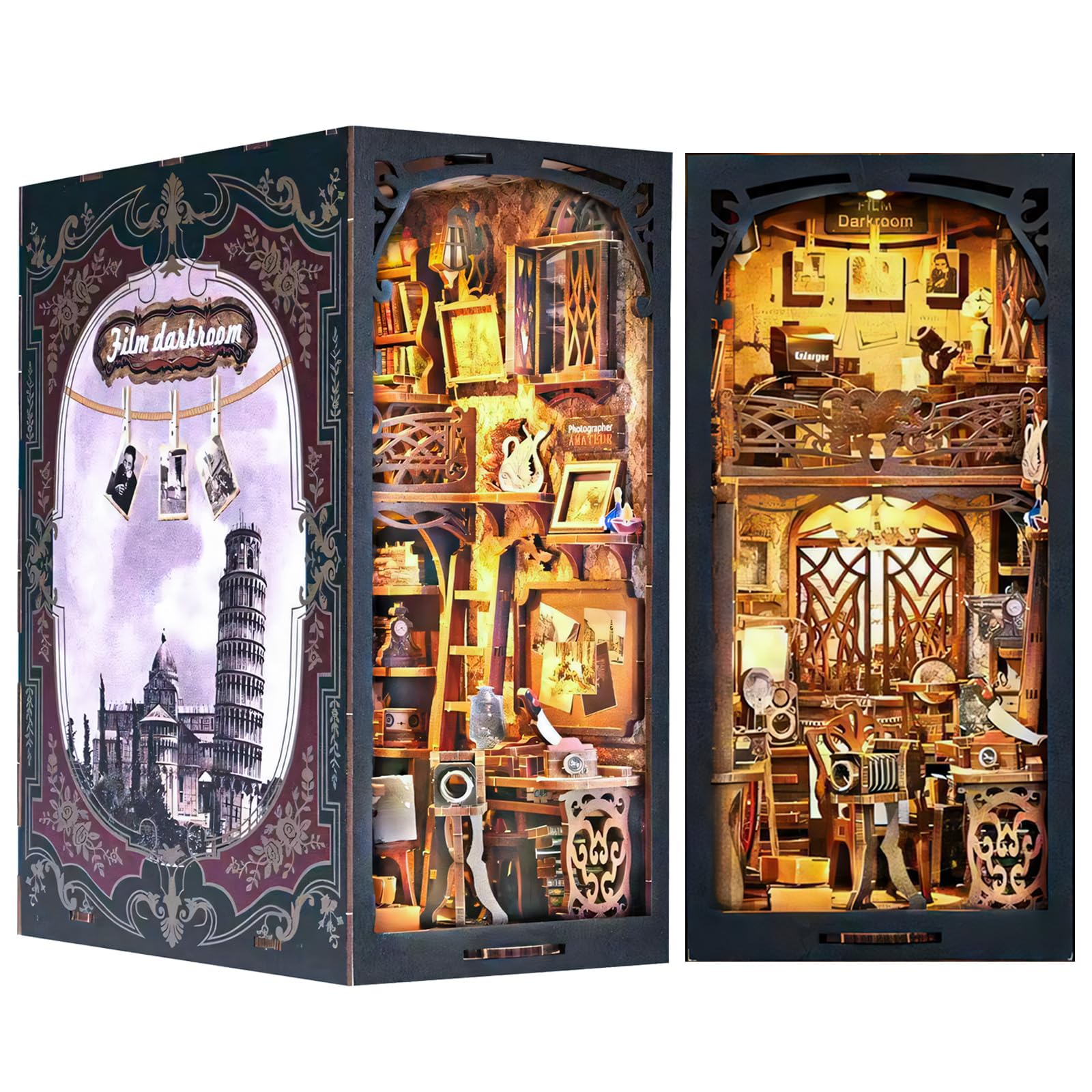 ブックヌック ドールハウス リーズ ミニチュア ハウス ログハウス キット 木製 立体パズル 手作り 大人向け LEDライト付き （光と影の部屋）のサムネイル