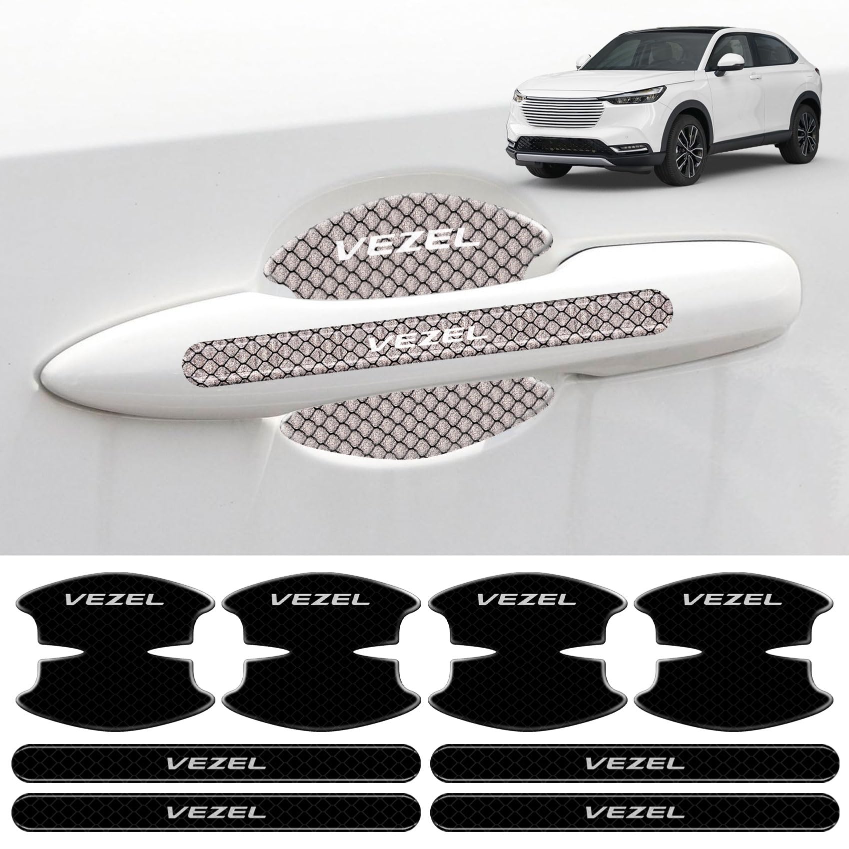 ドアハンドル プロテクター ヴェゼル専用 ドアノブカバー ドア 反射する材質 VEZEL RV3 RV4 RV5 RV6 RV（2021年4月〜現行） 車種専用 夜間の車の運転安全を守る 傷隠し シール 日本語説明書付き 8ピース