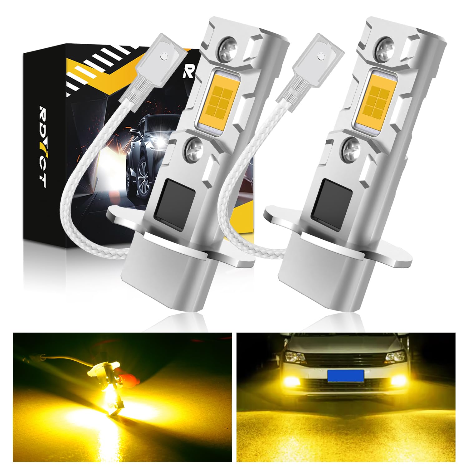 乐天商城 - H3 LED フォグランプ 黄色 H3 led 角度調整可能 H3 ショート ledバルブ 3000K イエロー 小型 高輝度 12V/24V兼用 ファンレス 静音 ノイズ対策 一体型 2個入り