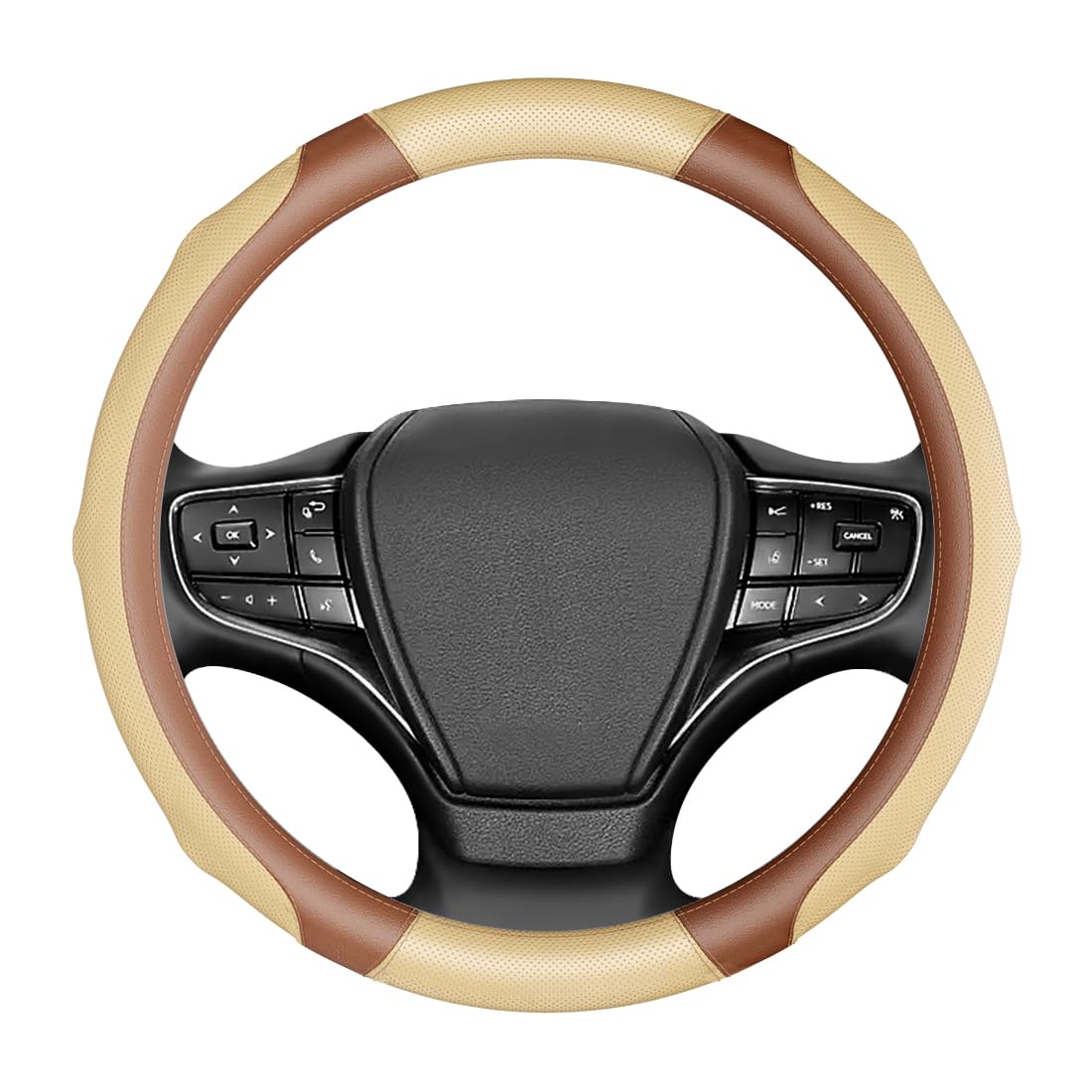Rakuten - ハンドルカバー 軽自動車 普通車 mサイズ パンチングレザー 円型 3Dグリップ 滑り止め ステアリングカバー フィット感 オールシーズン対応 通気性 耐摩耗性 耐久性 おしゃれ カスタム 内装パーツ アクセサリー 車用品 取付簡単 ベージュ+ブラウン