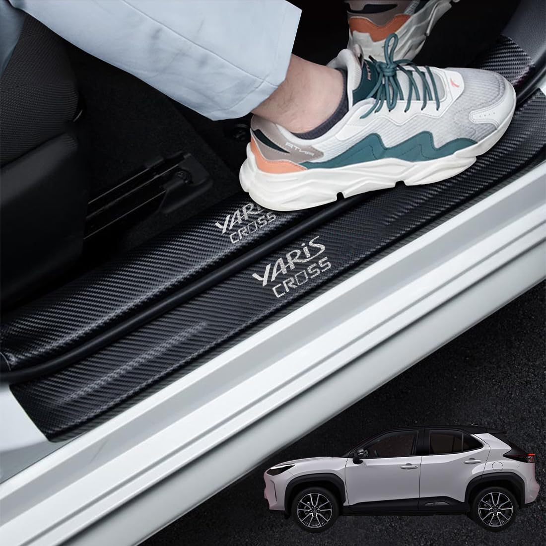 最新 ヤリスクロス サイドステップガード スカッフプレート ヤリスクロス全系適用 ヤリスクロス 内装パーツ 金箔技術 金メッキ技術 内装アクセサリー 粘着力強い 水防止 汚れ防止 傷防止 簡単取り付け 4件セット (銀色)