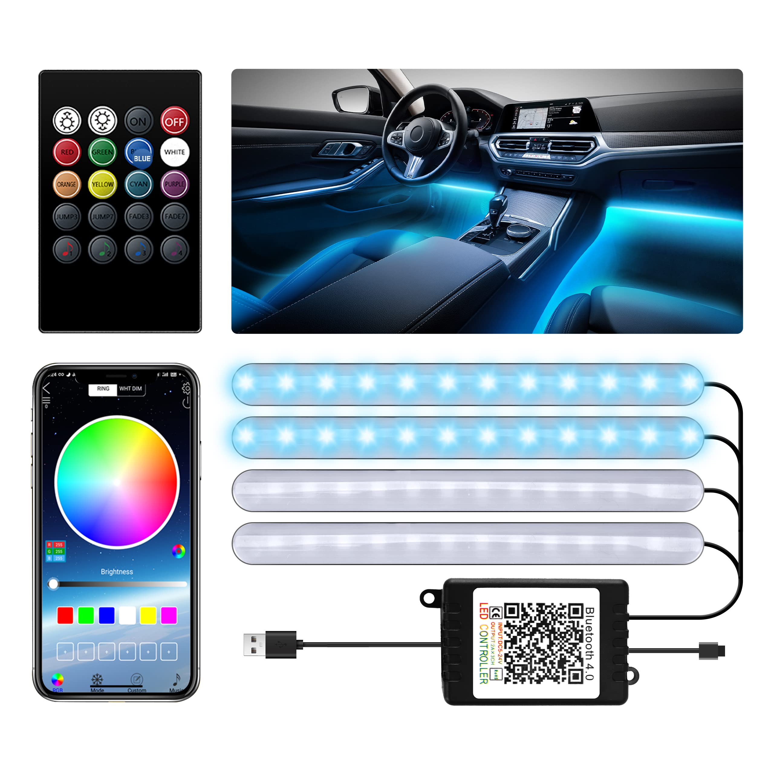 Rakuten - ledテープライト 車用 48LED APPコントロール&リモコン 音に反応 RGB 雰囲気ライト 車内装飾 USB式 10W 全8色に切替 フットランプ 足下照明
