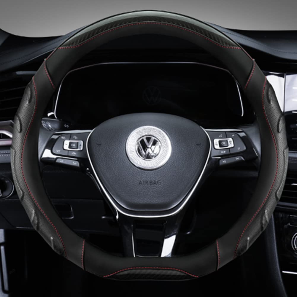 Rakuten - カーボンファイバー 車用ハンドルカバー、ステアリングホイールカバー、ハンドルカバー、ラウンドステアリングインテリアパーツサ38cm、快適、スタイリッシュ、耐久性、滑り止め、防汗 ブラック