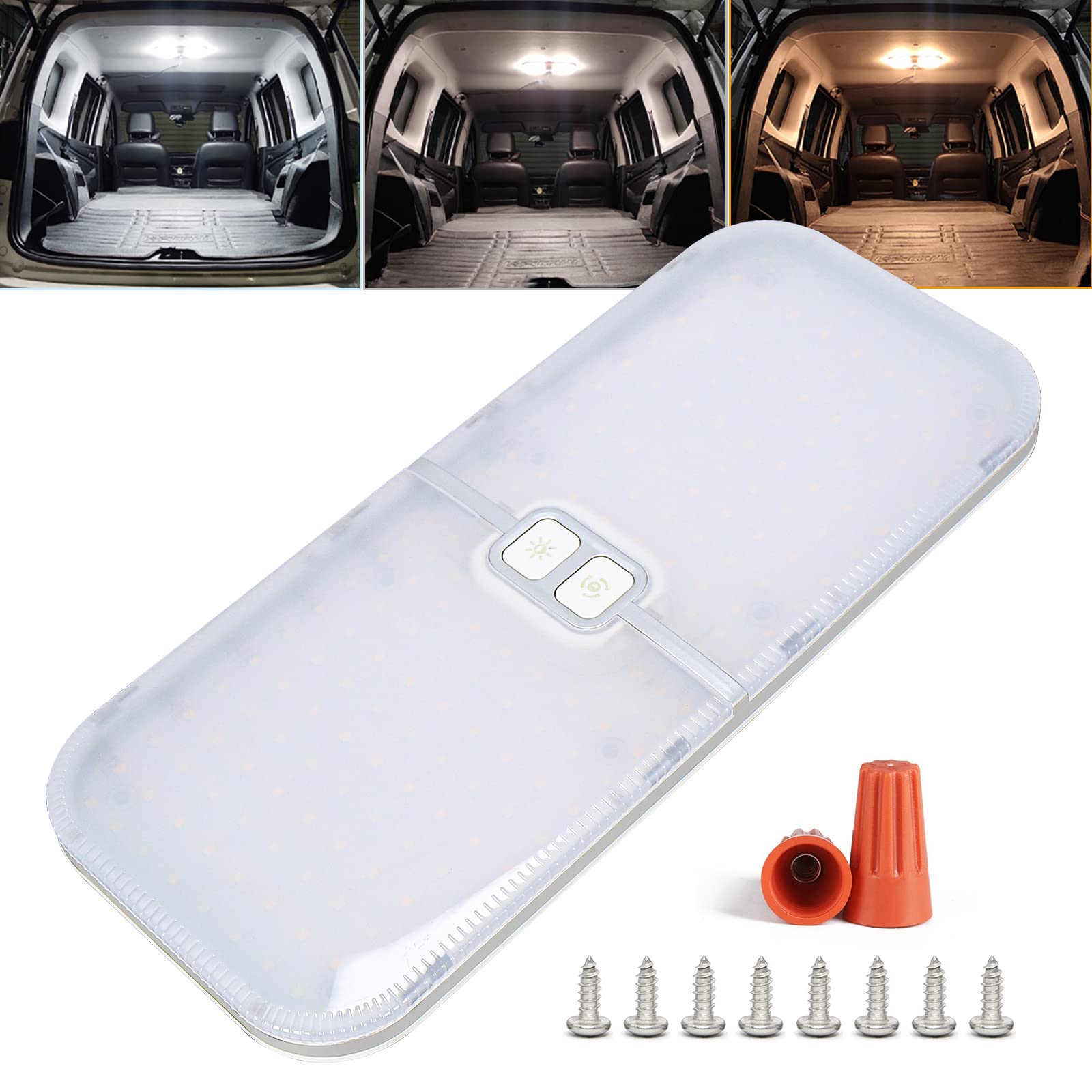 Rakuten - DC12V-24V 204連 LEDルームランプ キャンパー室内灯 貨物灯 車内照明 汎用 小型車 トラック マーカーランプ キャンピングカー テントライト 作業灯 2835素子 超高輝度 白カバー ネジ付き 色/輝度調節可能 1個入り 汎用 (ホワイトウォームホワイトアンバー)