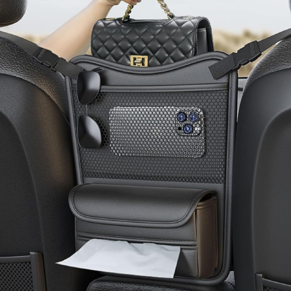 カーシートバック収納袋 吊り下げバッグ 車中収納袋 多機能シートバック 車用ティッシュボックスレザーカーシートオーガナイザーバッグ、後部座席カーオーガナイザーバッグ、カーシートオーガナイザーおよび収納バッグ