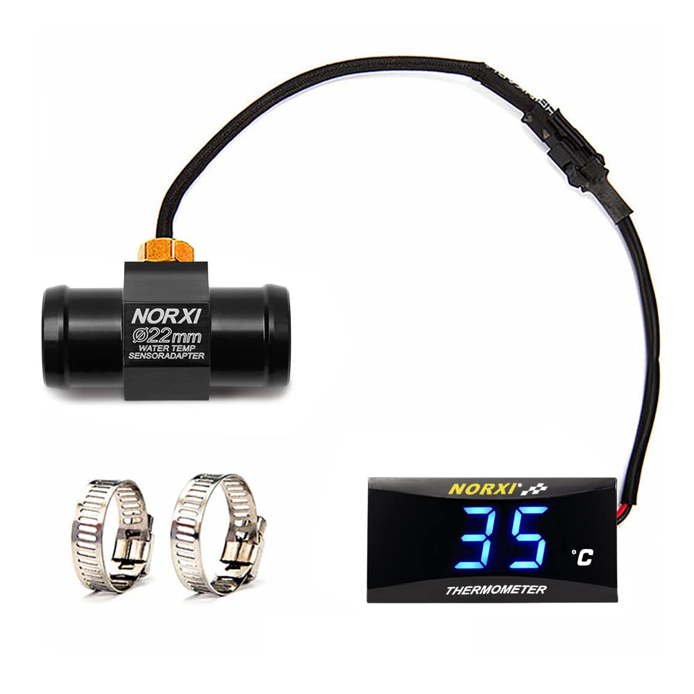 Rakuten - バイク用 水温計 デジタル 防水 高温警告機能 12V ユニバーサル コンパクト 温度計 温度アダプター付き 簡単設置 超実用(22mm 青)
