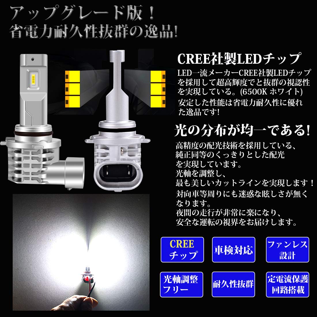 HB4 LEDヘッドライト 車検対応 6500K 9006 LEDバルブ 車用 一体型 6500K ホワイト CREEチップ搭載 ファンレス 2個入