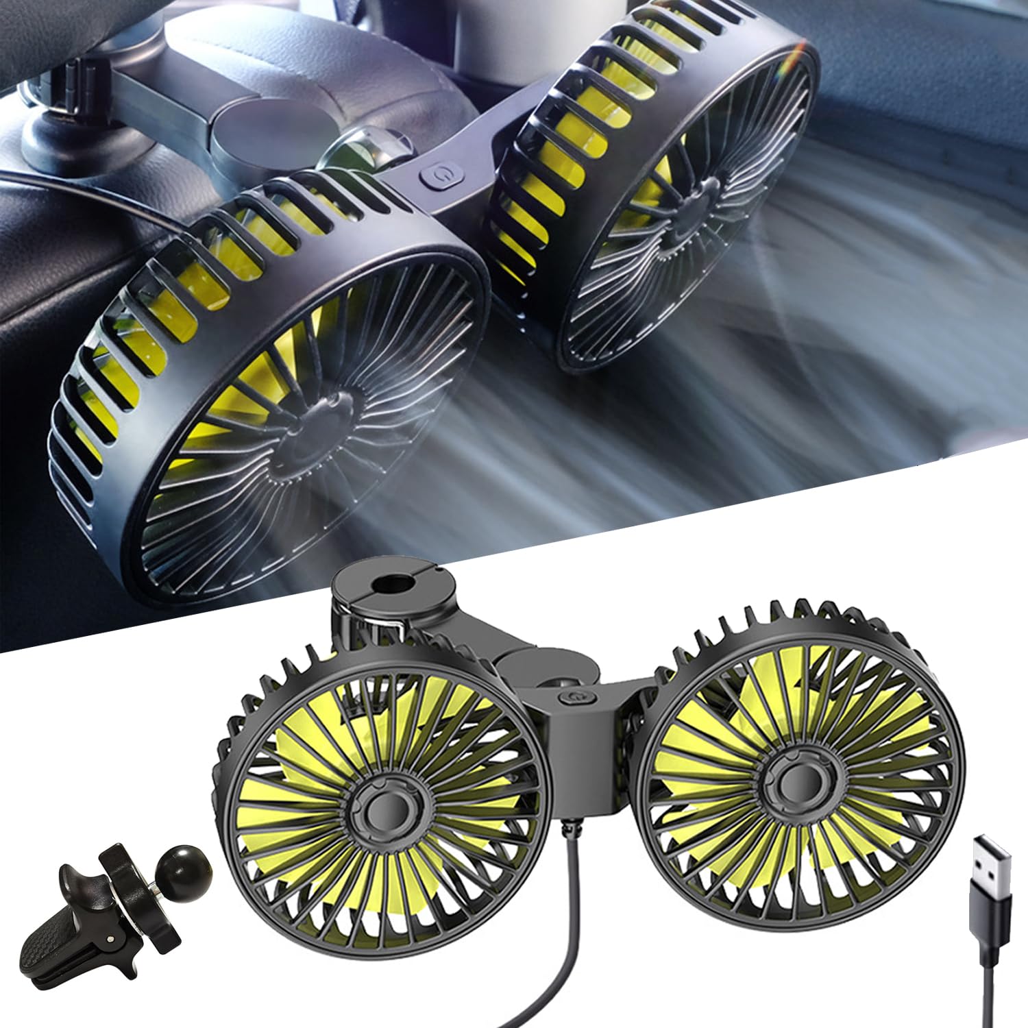 Rakuten - 車載 扇風機 ツインファン 5枚羽根 双頭 車用扇風機 USB 車載ファン ブラシレスモーター 車用 電動ファン 角度調整可能 3段階風量調節 エアコン通風口/ヘッドレスト固定 1.8m延長コード 低騒音 前後部座席用 夏対策 蒸れ解消