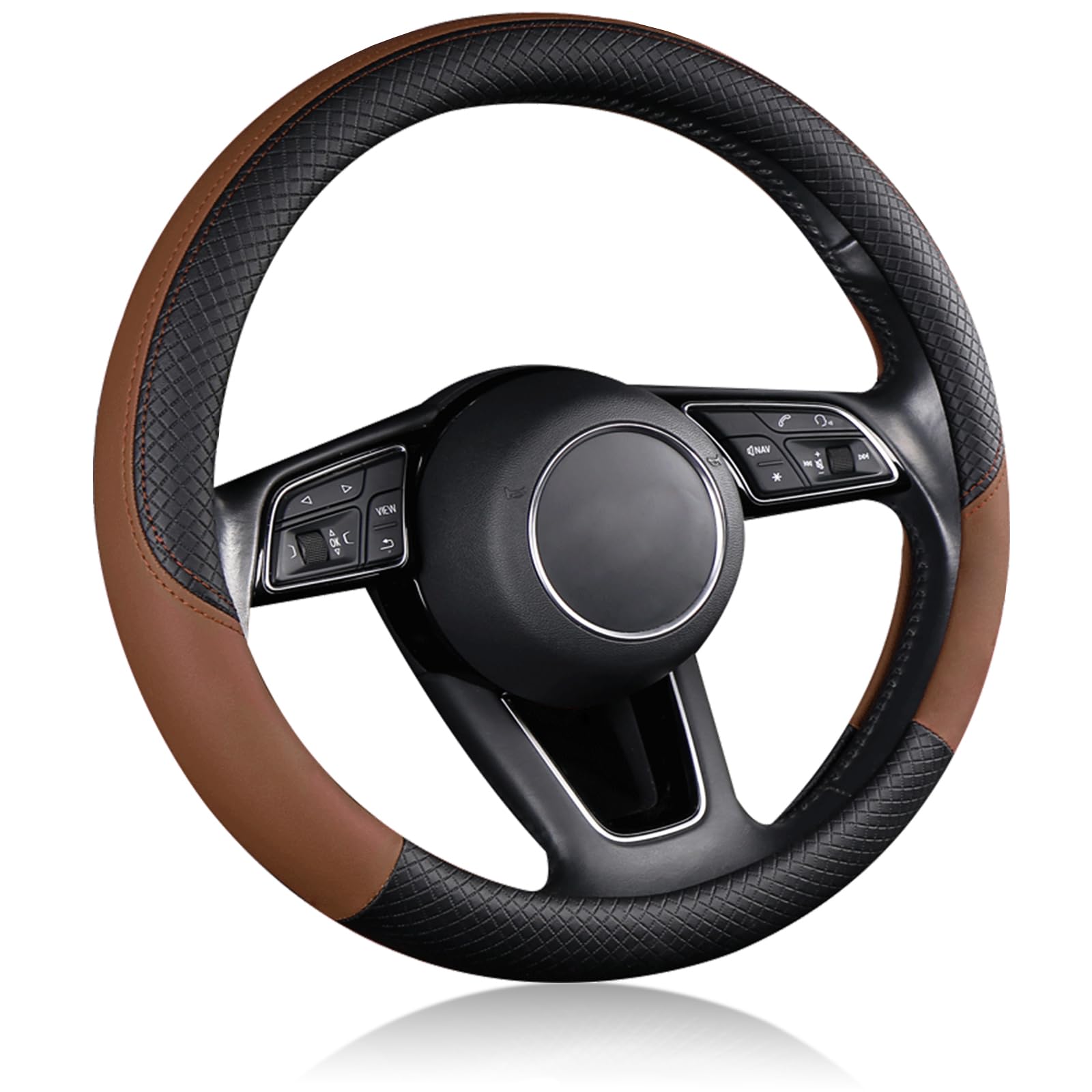 Rakuten - ハンドルカバー 車用 軽自動車 sサイズ 3Dグリップ 滑り止め ステアリングカバー 汎用 おしゃれ 通気性がよい 普通車 ハンドル 保護カバー 高級 内装パーツ 車用品 アクセサリー オールシーズン対応 円形 37-38CM ブラウン