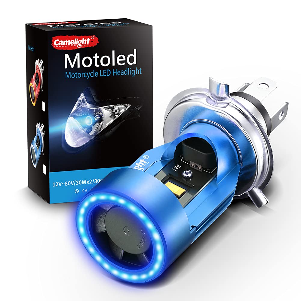 乐天商城 - 青色光付き CCFL バイク用 LED ヘッドライト H4 / HS1 Hi/Lo 直流 DC 12V / 24V 汎用 ホワイトライト 6000K 青