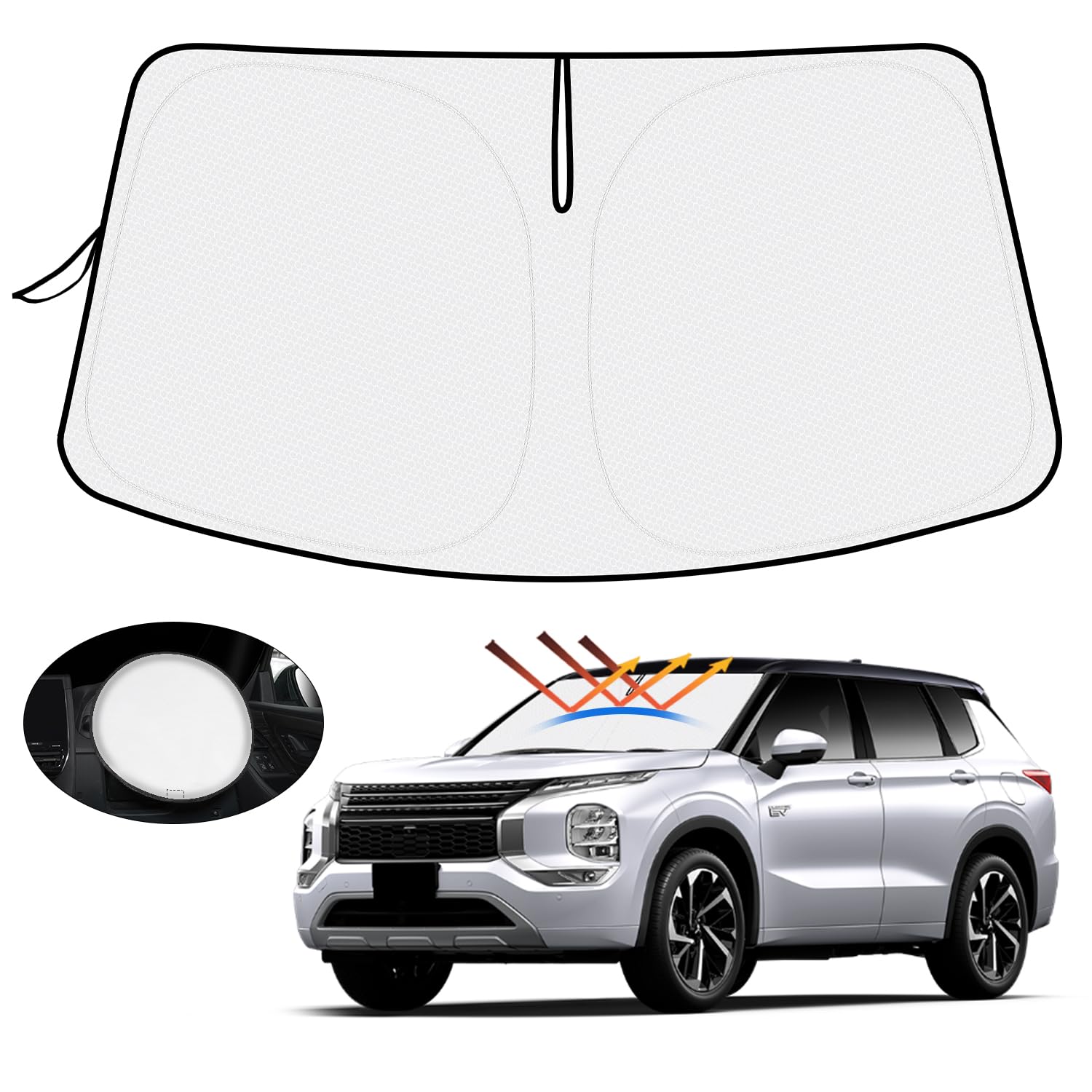 Rakuten - 【ハンドル日よけカバー付き】三菱 新型 アウトランダー GN0W型 サンシェード フロントガラス用 Outlander 3代目 GN0W型 2021年-現行 車用サンシェード UVカット 日よけ 日差しカット 遮光 断熱 折り畳み式