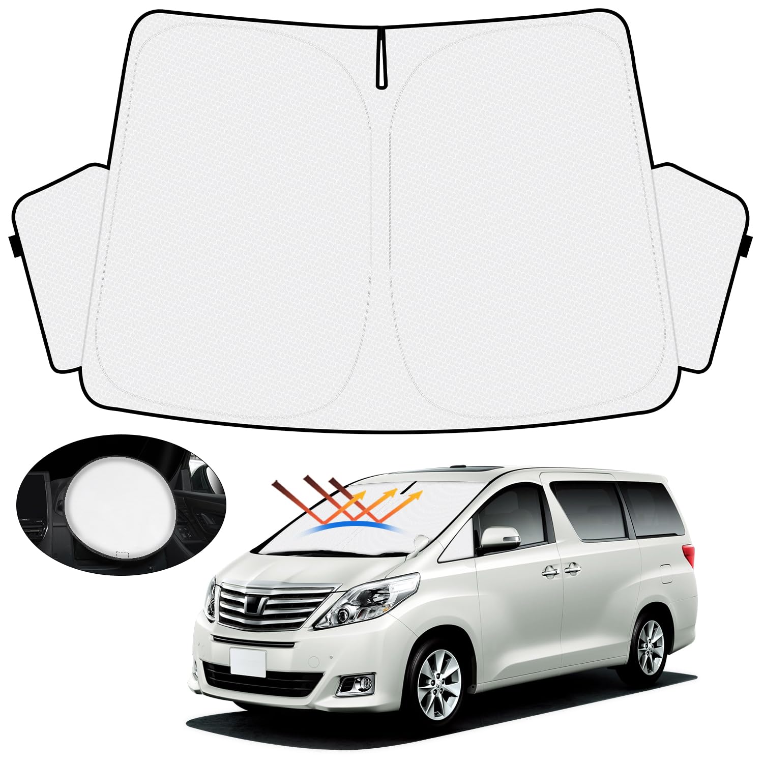 Rakuten - (2セット)【ハンドル日よけカバー付き】トヨタ アルファード ヴェルファイア 20系 サンシェード フロントガラス用 ALPHARD VELLFIRE 20 2008年-2015年 車用サンシェード UVカット 日よけ 日差しカット 遮光 断熱 折り畳み式