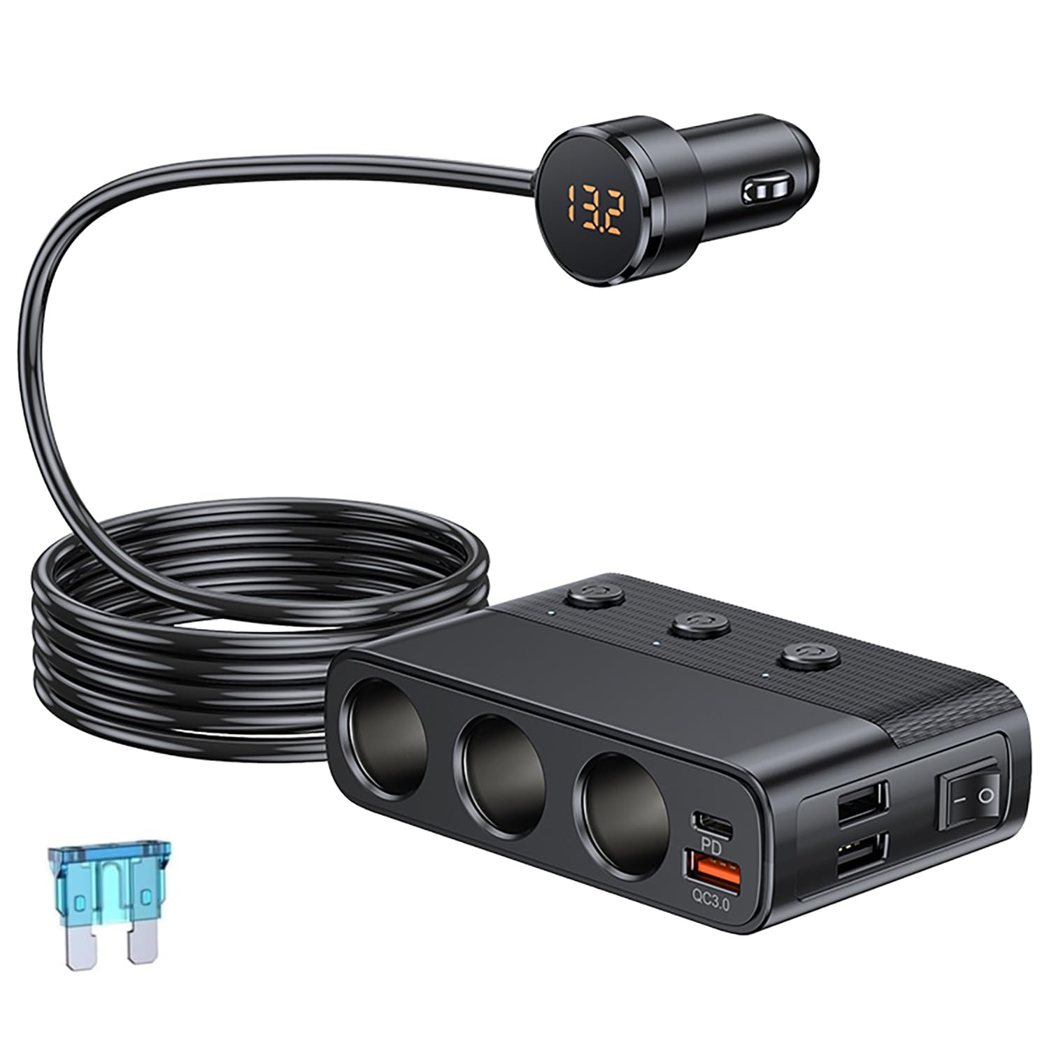 シガーソケット3連 急速充電器USBポート4連 シガーソケット分路器付き LED電圧表示 PD/QC3.0充電器 独立スイッチ搭載 127W 12/24V車対応