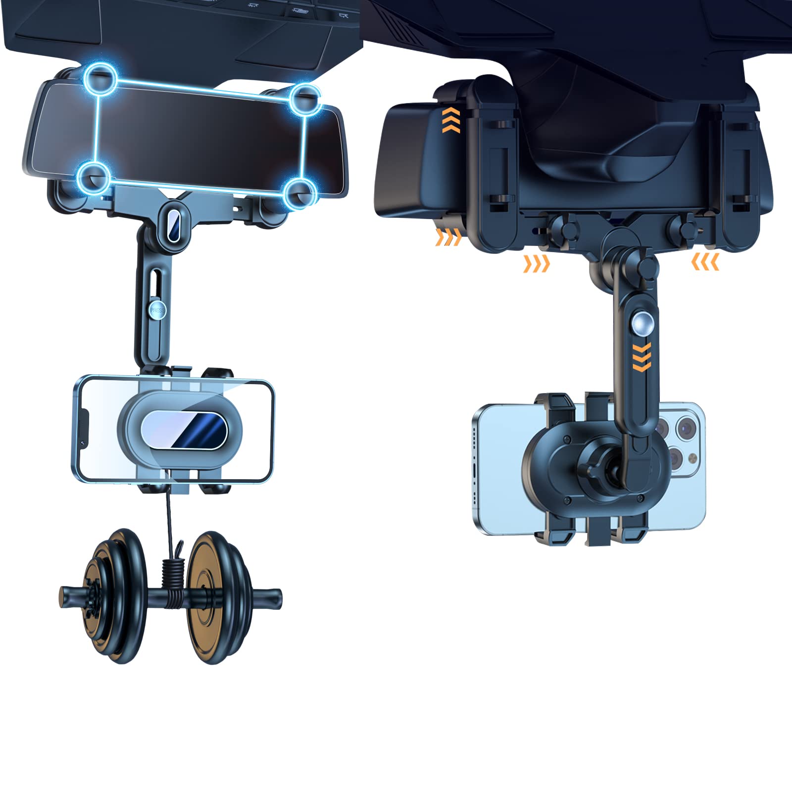 車載ホルダー バックミラー スマホホルダー 車 ルームミラー スタンド 横向き?縦向き5.5cm長さの伸縮調節 片手で操作 安定感 落下?滑り防止 保護パッド付 クリップ式 4-7inchスマホ対応 全車種対応