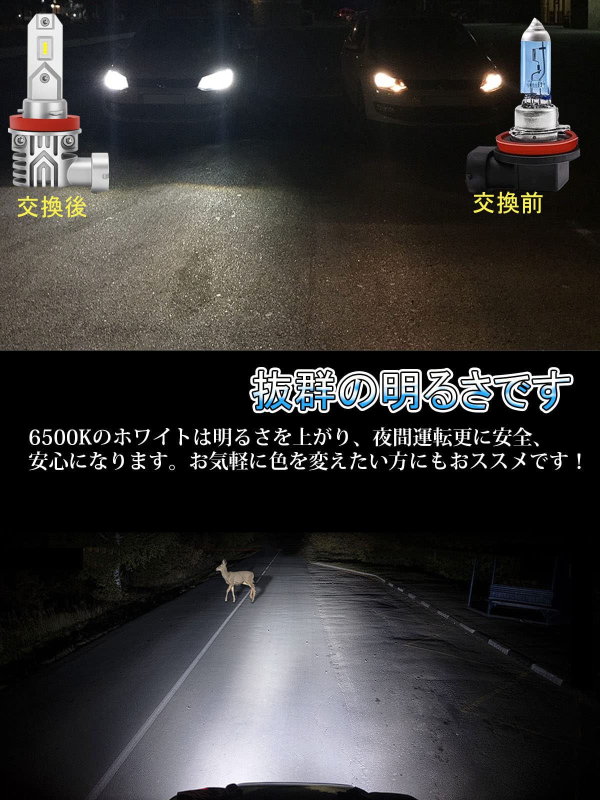 車用 H11 LEDヘッドライト 車検対応 6500K ホワイト H8 H9 H16 LEDバルブ 兼用 ファンレス フォグランプ 瞬間起動 DC9-16V 2個入