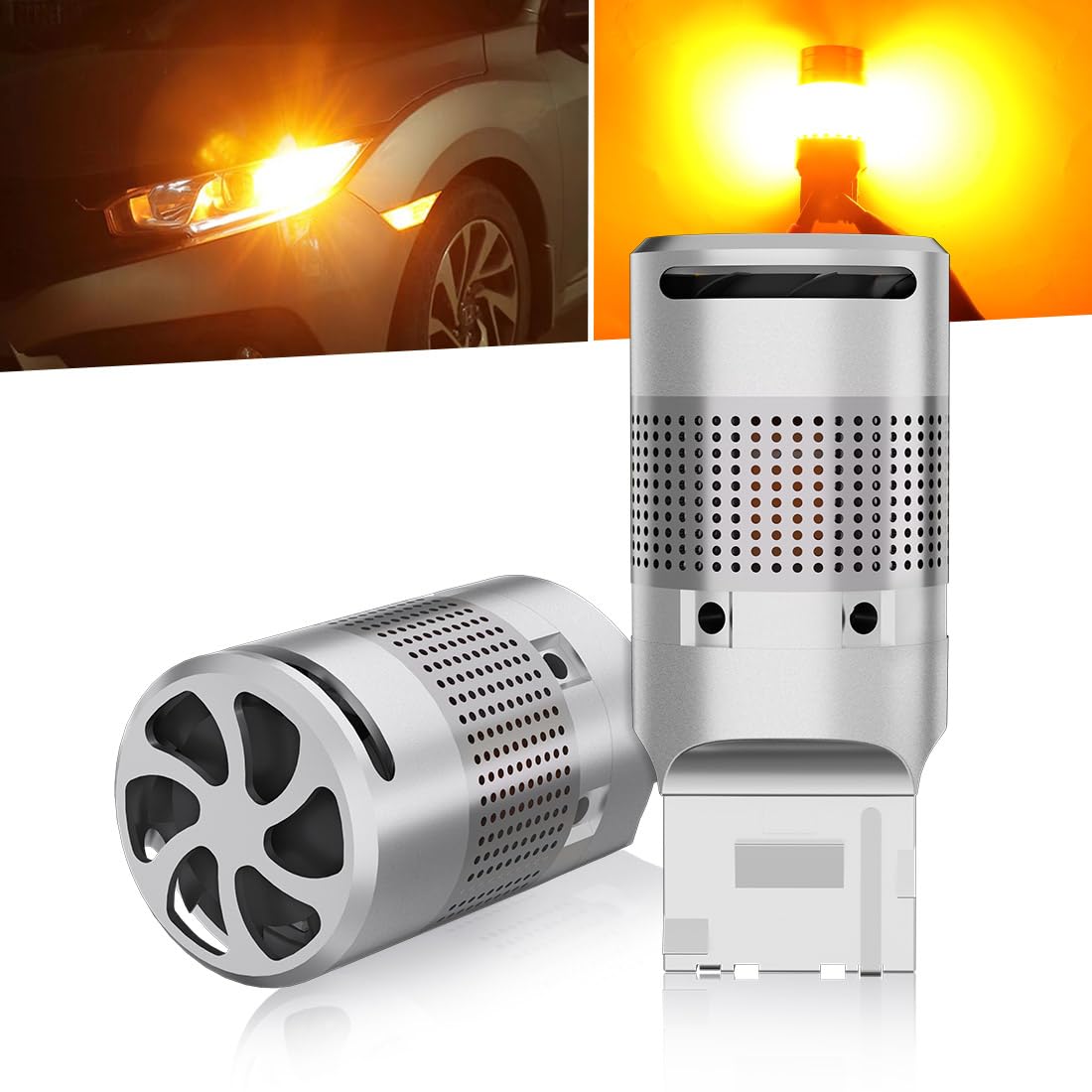 Rakuten - t20 ピンチ部違い led ウインカー バルブ 明るすぎない 1200LM ハイフラ防止 抵抗内蔵 キャンセラー内蔵 ステルス アンバー 無極性 DC12V 車検対応 冷却ファン搭載 ノイズ対策 2個入り