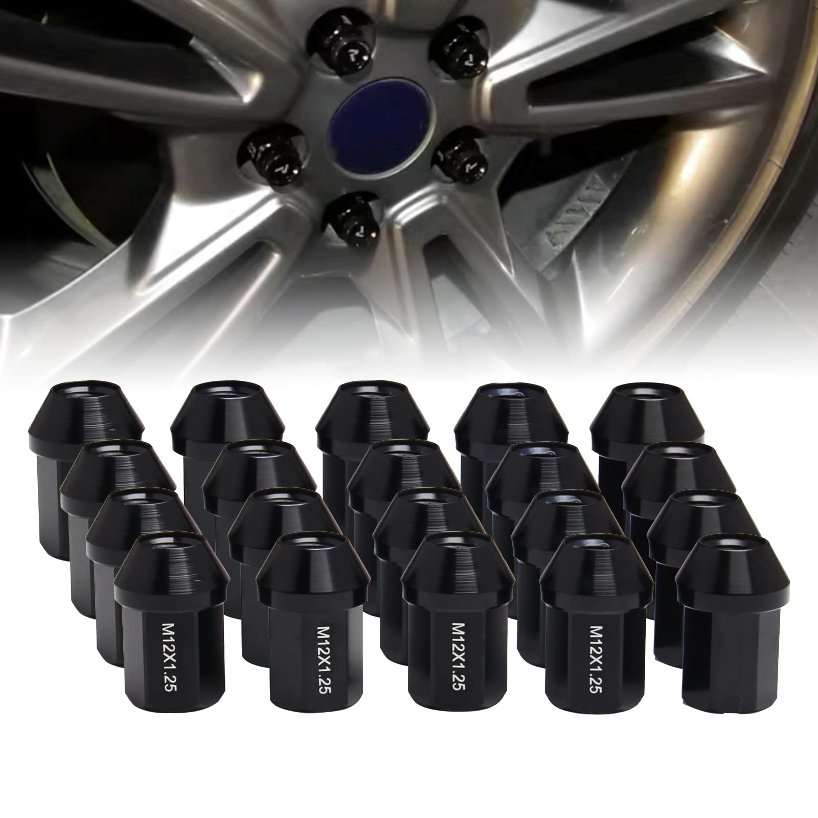 Rakuten - アルミ製 ホイールナット タイヤナット レーシングナット ホイールロックナット M12 x P1.25 高さ35mm 20個セット カラーナット 袋ナット 軽量 盗難防止 ロックナット 専用ソケット付き ブラック