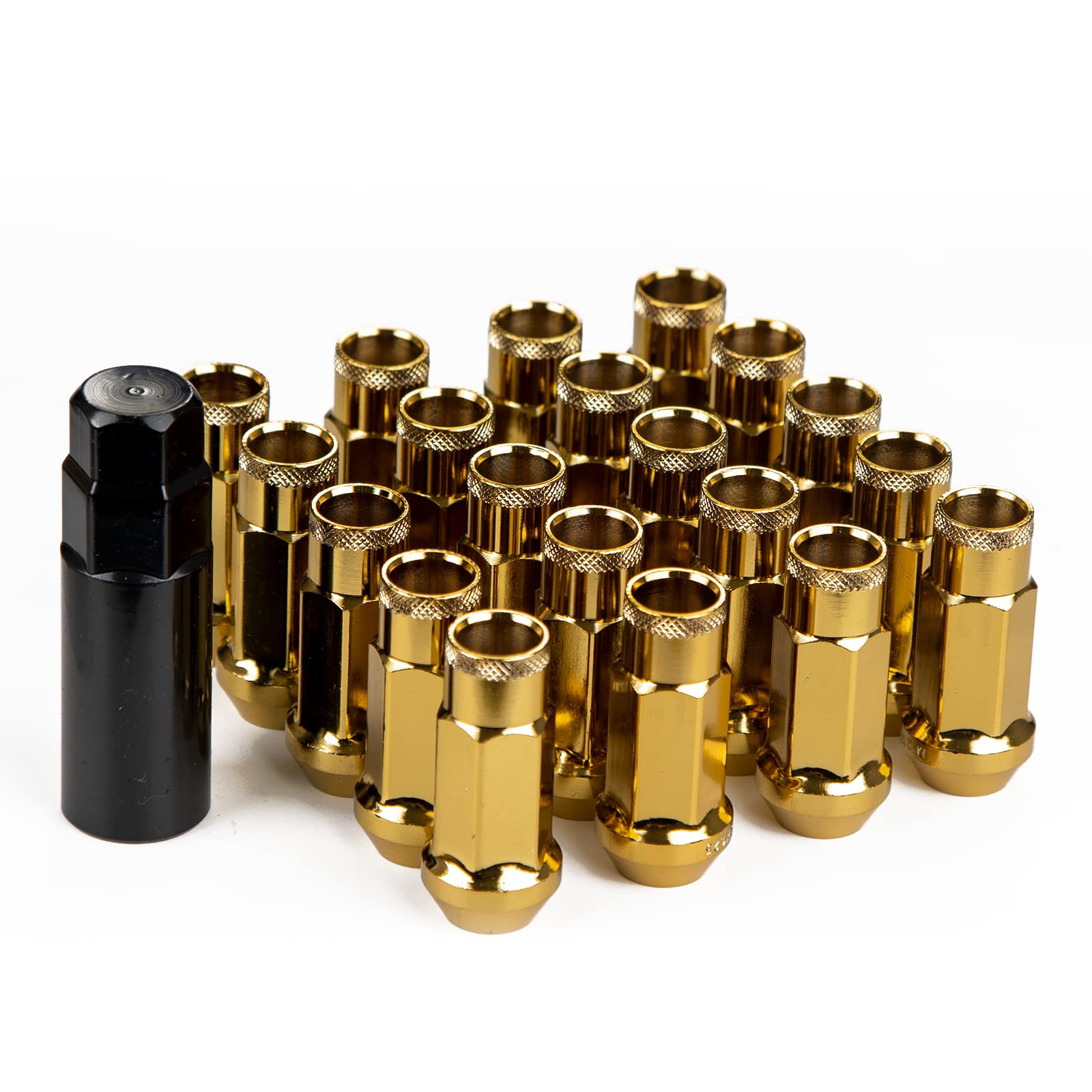 Rakuten - スチール製 ホイールナット タイヤナット レーシングナット ホイールロックナット M12 x P1.25 高さ48mm 20個セット 貫通ナット カラーナット 盗難防止 ロックナット 専用ソケット付き ゴールド