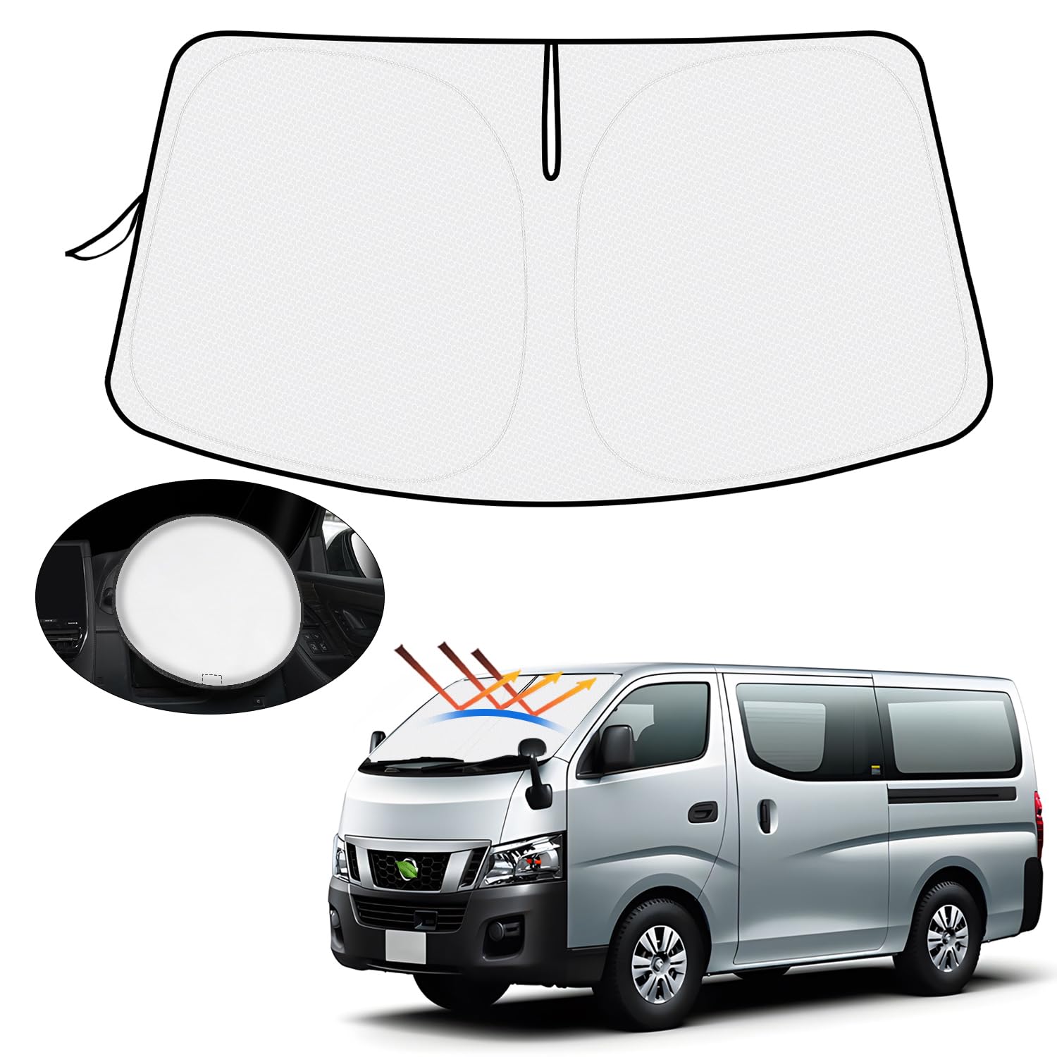 Rakuten - 【ハンドル日よけカバー付き】ニッサン NV350キャラバン E26型 サンシェード フロントガラス用 NISSAN NV350 E26 2012年6月-2022年12月 車用サンシェード UVカット 日よけ 日差しカット 遮光 断熱 折り畳み式