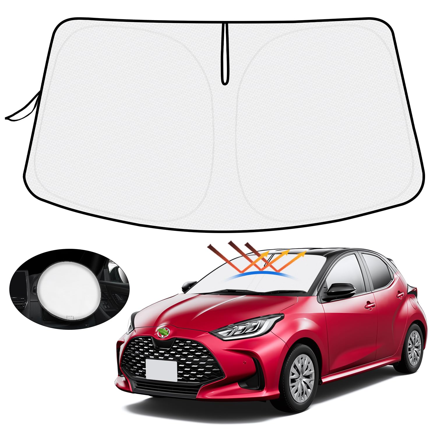 樂天商城 - (2セット)【ハンドル日よけカバー付き】トヨタ ヤリス サンシェード フロントガラス用 YARIS 4代目 2020年2月-現行 車用サンシェード UVカット 日よけ 日差しカット 遮光 断熱 折り畳み式 ハンドルサンシェード 収納袋付き