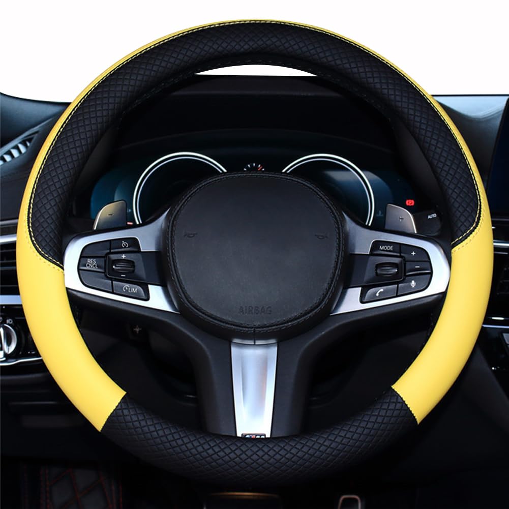 Rakuten - ハンドルカバー 車用 軽自動車 sサイズ ステアリングカバー 本革 汎用 おしゃれ 通気性がよい 滑り防止 オールシーズン対応 普通車 ハンドル 保護カバー カスタム 内装パーツ アクセサリー 車用品 イエロー