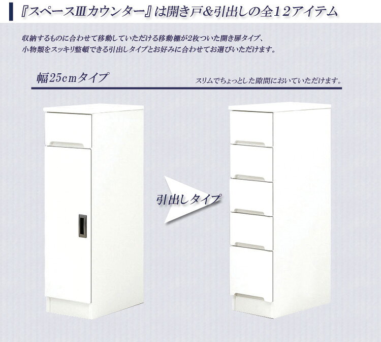 【全商品に使える12%offクーポン配布中!!】 キッチン収納 すき間 キッチンボード 幅25cm 食器棚 25cm 引出し付き キッチン 左右開き対応 棚 開き扉タイプ ダイニングボード 開き戸 スリムカウンター スリム 収納 木製 棚 収納 エナメル塗装 国産 日本製 [3]
