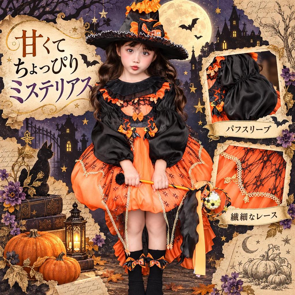 商品について オレンジ×ブラックの配色が華やかな、女の子用ロリータ風ハロウィン衣装です。 キャミソールワンピースをベースに、ワンピースタイプ・ブラウスタイプ・ニットタイプからお選びいただけます。 ワンピースタイプ A：2点セット キャミソールワンピース＋帽子 B：5点セット キャミソールワンピース＋帽子＋羽根＋ステッキ＋パニエ C：7点セット キャミソールワンピース＋帽子＋ネックレス＋羽根＋ソックス＋ステッキ＋パニエ ブラウスタイプ A：3点セット キャミソールワンピース＋ブラウス＋帽子 B：6点セット キャミソールワンピース＋ブラウス＋帽子＋羽根＋ステッキ＋パニエ C：8点セット キャミソールワンピース＋ブラウス＋帽子＋ネックレス＋羽根＋ソックス＋ステッキ＋パニエ ニットタイプ A：3点セット キャミソールワンピース＋ニット＋帽子 B：6点セット キャミソールワンピース＋ニット＋帽子＋羽根＋ステッキ＋パニエ C：8点セット キャミソールワンピース＋ニット＋帽子＋ネックレス＋羽根＋ソックス＋ステッキ＋パニエ 単品について 単品販売の有無・お届け内容は、商品選択肢をご確認ください。 小物単品には衣装本体は含まれません。 衣装のサイズ 100 / 110 / 120 / 130 / 140 / 150 ※サイズ選択用の表記です。商品の実寸はサイズ表をご確認ください。 ※帽子・アクセサリー等の実寸を示すものではありません。 ご注文前に ・ご選択いただいたタイプ・セット・サイズの商品をお届けします。 ・掲載画像はコーディネート例です。写っているすべての商品が付属するわけではありません。 ・靴はセットに含まれません。髪飾りやトレーンの付属については、商品選択肢をご確認ください。 ・採寸方法により、1〜2cm程度の誤差が生じる場合があります。 ・画面の設定や撮影時の照明により、実物と色味が異なって見える場合があります。