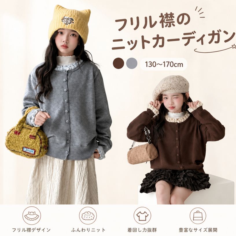 ニットカーディガン キッズ 女の子 子供服 長袖フリル襟 フリル袖 ゆったり 前開き 無地 上着 ライトアウター ガーリー 通学 お出かけ普段着 レイヤード 春 秋 こども服 ジュニア ブラウン グレー 130cm〜170cm