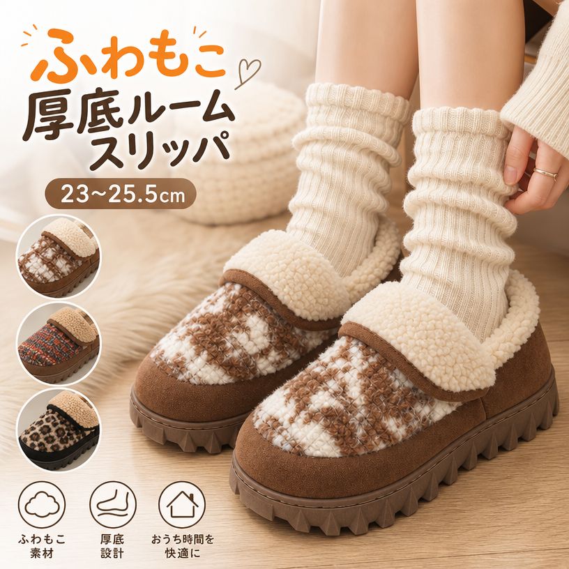 秋冬 レディース ボア厚底スリッパ 室内用 ふわふわ あったか 防滑 厚みのあるソール オープントゥ かかとなし ミルクブラウンチェック キャラメル編み柄 ブラックレオパード サイズ23〜25.5cm 家庭用 寝室用 ルームシューズ 軽量 保温 快適