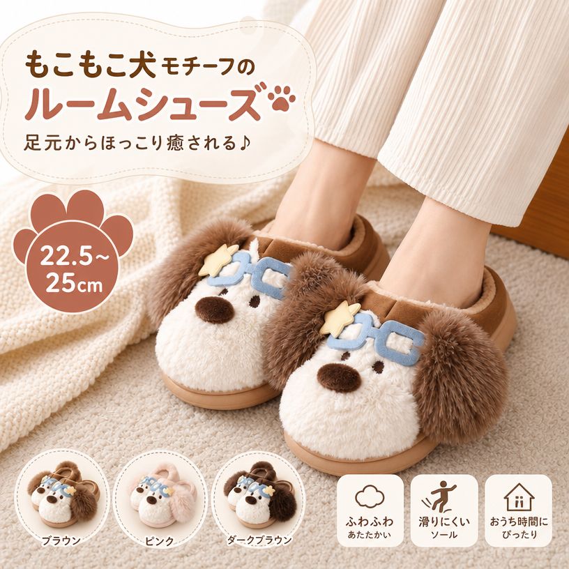 スリッパ ルームシューズ レディース あったか もこもこ かわいい 犬モチーフ メガネ 立体デザイン 室内履き ボアスリッパ クッションソール 滑り止め 冷え防止 部屋履き おしゃれ プレゼント カーキ ピンク ブラウン 22.5cm〜25.0cm