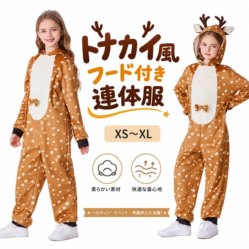 子供用 トナカイ コスプレ 鹿 角付き フード連体服 キャメル 水玉柄 長袖 ハロウィン クリスマス 仮装 コスチューム 男女兼用 XS〜XL 舞台 発表会 イベント パーティー 撮影 アニマル 衣装 つなぎ かわいい 変身 演出服