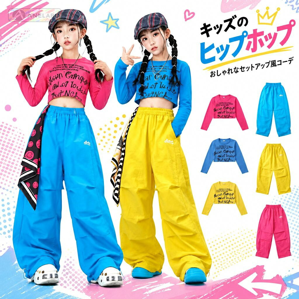 キッズ向けのヒップホップ・ジャズダンス衣装です。長袖のプリント入りショート丈トップスと、ゆったりしたパンツは、トップスのみ・パンツのみ・上下セットの選択肢があります。ローズピンク、イエロー、ブルー、ホワイトの各色と組み合わせから選べます。サイズは身長目安110〜180cm。トップス素材は綿95％・ポリウレタン5％、パンツ素材はポリエステル100％です。商品寸法の目安はサイズ表をご確認ください（手採寸のため約2〜3cmの誤差があります）。商品内容長袖ショート丈トップス、ワイドパンツ（トップス単品・パンツ単品・上下セットから選択）素材トップス：綿95％、ポリウレタン5％／パンツ：ポリエステル100％サイズ身長目安110・120・130・140・150・160・170・180cm。トップス（着丈／身幅／肩幅／袖丈cm）：110（26.5／60／27.9／29.5）、120（29／64／29.6／43）、130（31.5／68／31.3／46.5）、140（34／72／33／50）、150（36.5／76／34.7／53.5）、160（39／78／36.4／57）、170（41.5／84／38.1／60.5）、180（44／88／39.8／64）。パンツ（総丈／ウエストcm）：110（67／50〜65）、120（73／55〜70）、130（79／60〜75）、140（85／65〜80）、150（91／70〜85）、160（97／75〜90）、170（103／80〜95）、180（109／85〜100）。商品寸法の目安、手採寸で約2〜3cmの誤差あり。仕様トップスは長袖・プリント入り、パンツはウエストゴム入り・裾ドローコード付き。選択肢によりトップスまたはパンツの単品、または上下セット。ご注意海外製品のため、縫製や仕上がり、色味、サイズには個体差が生じる場合があります。ご使用前に商品の状態をご確認ください。お届け後にお気づきの点がございましたら、ショップまでお問い合わせください。キッズ向けのヒップホップ・ジャズダンス衣装です。長袖のプリント入りショート丈トップスと、ゆったりしたパンツは、トップスのみ・パンツのみ・上下セットの選択肢があります。ローズピンク、イエロー、ブルー、ホワイトの各色と組み合わせから選べます。サイズは身長目安110〜180cm。トップス素材は綿95％・ポリウレタン5％、パンツ素材はポリエステル100％です。商品寸法の目安はサイズ表をご確認ください（手採寸のため約2〜3cmの誤差があります）。商品内容長袖ショート丈トップス、ワイドパンツ（トップス単品・パンツ単品・上下セットから選択）素材トップス：綿95％、ポリウレタン5％／パンツ：ポリエステル100％サイズ身長目安110・120・130・140・150・160・170・180cm。トップス（着丈／身幅／肩幅／袖丈cm）：110（26.5／60／27.9／29.5）、120（29／64／29.6／43）、130（31.5／68／31.3／46.5）、140（34／72／33／50）、150（36.5／76／34.7／53.5）、160（39／78／36.4／57）、170（41.5／84／38.1／60.5）、180（44／88／39.8／64）。パンツ（総丈／ウエストcm）：110（67／50〜65）、120（73／55〜70）、130（79／60〜75）、140（85／65〜80）、150（91／70〜85）、160（97／75〜90）、170（103／80〜95）、180（109／85〜100）。商品寸法の目安、手採寸で約2〜3cmの誤差あり。仕様トップスは長袖・プリント入り、パンツはウエストゴム入り・裾ドローコード付き。選択肢によりトップスまたはパンツの単品、または上下セット。ご注意海外製品のため、縫製や仕上がり、色味、サイズには個体差が生じる場合があります。ご使用前に商品の状態をご確認ください。お届け後にお気づきの点がございましたら、ショップまでお問い合わせください。