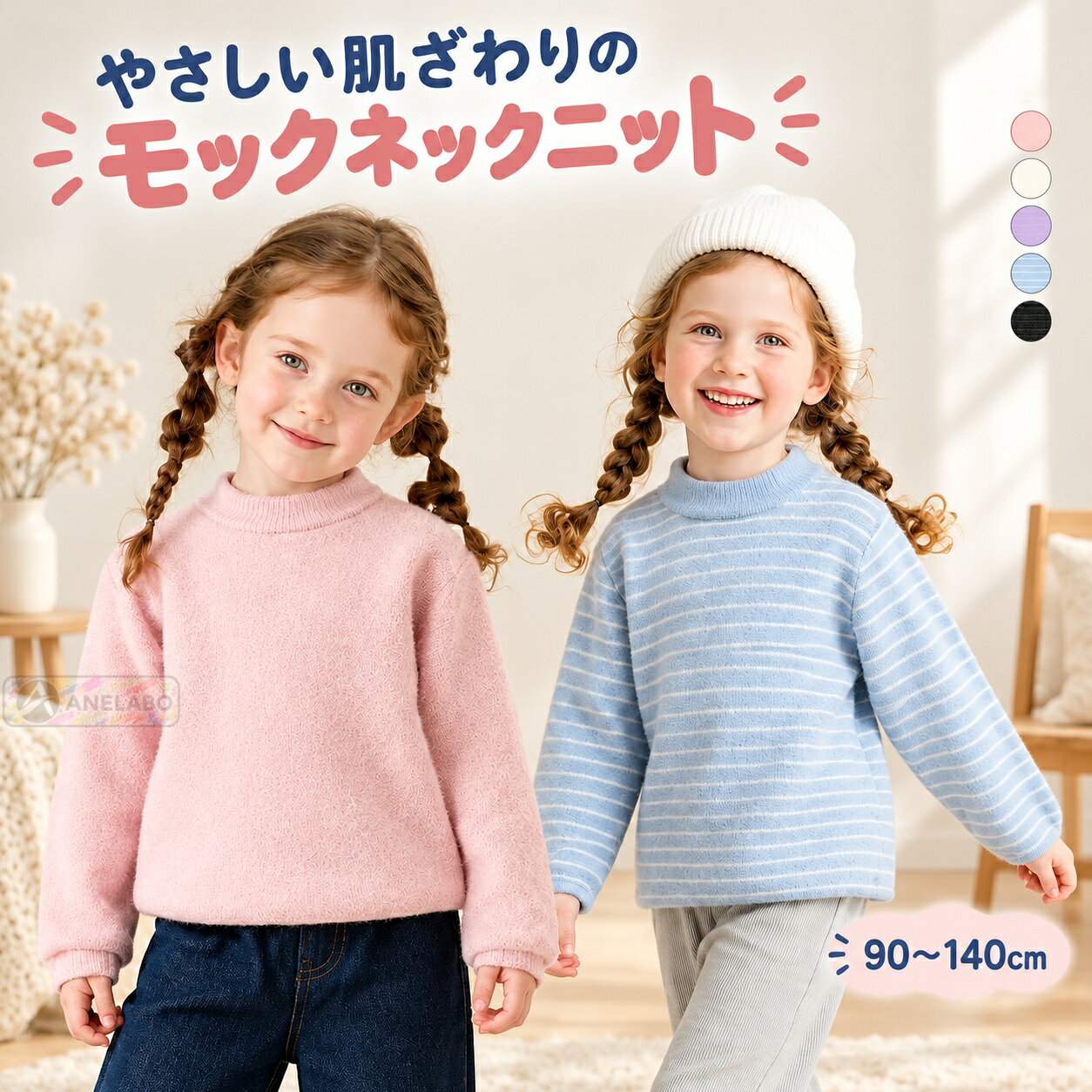 やわらかな風合いとほどよく立ち上がる衿がポイントの、子供用ニットプルオーバー。内側も外側もふんわりした肌ざわりで、寒い季節の普段着におすすめです。ピンク・ベージュの無地2色と、パープル・ブラック・ブルーのボーダー3色をご用意しました。デニムでカジュアルに、スカートでかわいらしく、いつものボトムスと楽しめます。お届けはニット1点です。コーディネートに使用した帽子やボトムス、靴、小物は含まれません。商品内容キッズ用長袖ニット 1点素材ナイロン86%・アクリル8.7%・ポリエステル5.3%サイズ90・100・110・120・130・140cmデザインピンク・ベージュ：無地／パープル・ブラック・ブルー：ボーダーご注意海外製品のため、仕上がり、色味、サイズには個体差が生じる場合があります。ご使用前に商品の状態をご確認ください。お届け後にお気づきの点がございましたら、ショップまでお問い合わせください。やわらかな風合いとほどよく立ち上がる衿がポイントの、子供用ニットプルオーバー。内側も外側もふんわりした肌ざわりで、寒い季節の普段着におすすめです。ピンク・ベージュの無地2色と、パープル・ブラック・ブルーのボーダー3色をご用意しました。デニムでカジュアルに、スカートでかわいらしく、いつものボトムスと楽しめます。お届けはニット1点です。コーディネートに使用した帽子やボトムス、靴、小物は含まれません。商品内容キッズ用長袖ニット 1点素材ナイロン86%・アクリル8.7%・ポリエステル5.3%サイズ90・100・110・120・130・140cmデザインピンク・ベージュ：無地／パープル・ブラック・ブルー：ボーダーご注意海外製品のため、仕上がり、色味、サイズには個体差が生じる場合があります。ご使用前に商品の状態をご確認ください。お届け後にお気づきの点がございましたら、ショップまでお問い合わせください。