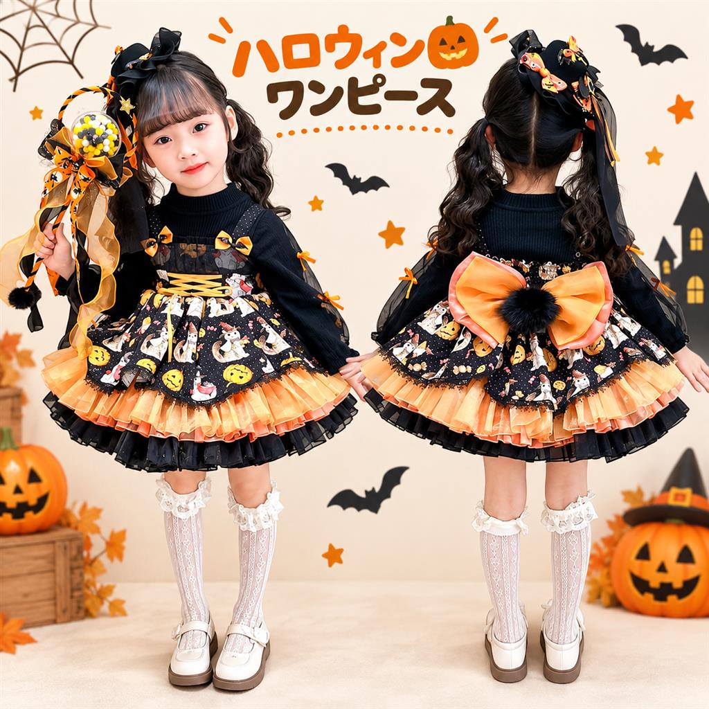 【商品について】かぼちゃモチーフの女の子用ハロウィン衣装。スカート、裏起毛インナー、帽子などを種類から選べます。【選べる種類・お届け内容】・魔女風かぼちゃスカート・ブラック裏起毛インナー・かぼちゃスカート+裏起毛：魔女風スカート+ブラック裏起毛インナー・ミニハット・パニエ・パールソックス【サイズ表記】100cm / 110cm / 120cm / 130cm / 140cm / 150cm【ご注文前に】ご注文の種類とサイズに対応する商品をお届けします。単品とセットでは内容が異なります。掲載画像に複数の商品が写っている場合、写っている全品が必ず付属するわけではありません。付属内容は選択肢名をご確認ください。サイズ欄のcmは選択用のサイズ表記であり、商品の実寸ではありません。小物単品には衣装本体は含まれません。衣装のcm表記は帽子・アクセサリー等の実寸を示すものではありません。